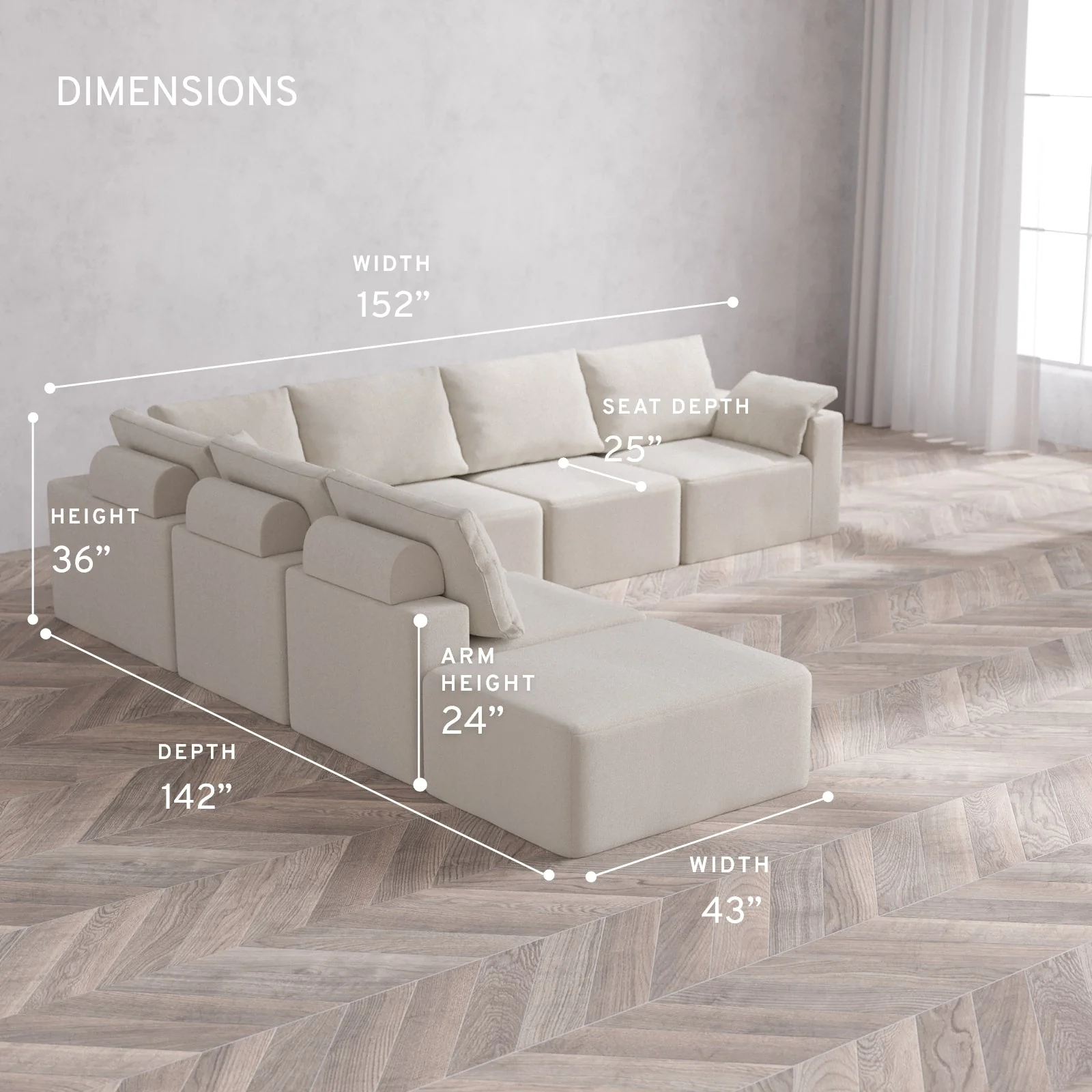 Modular Washable 7-Seater Open End Corner Sectional Cloud + Bolster Sofa | Right-Facing Arm | Lux Weave in Pearl - Image 5