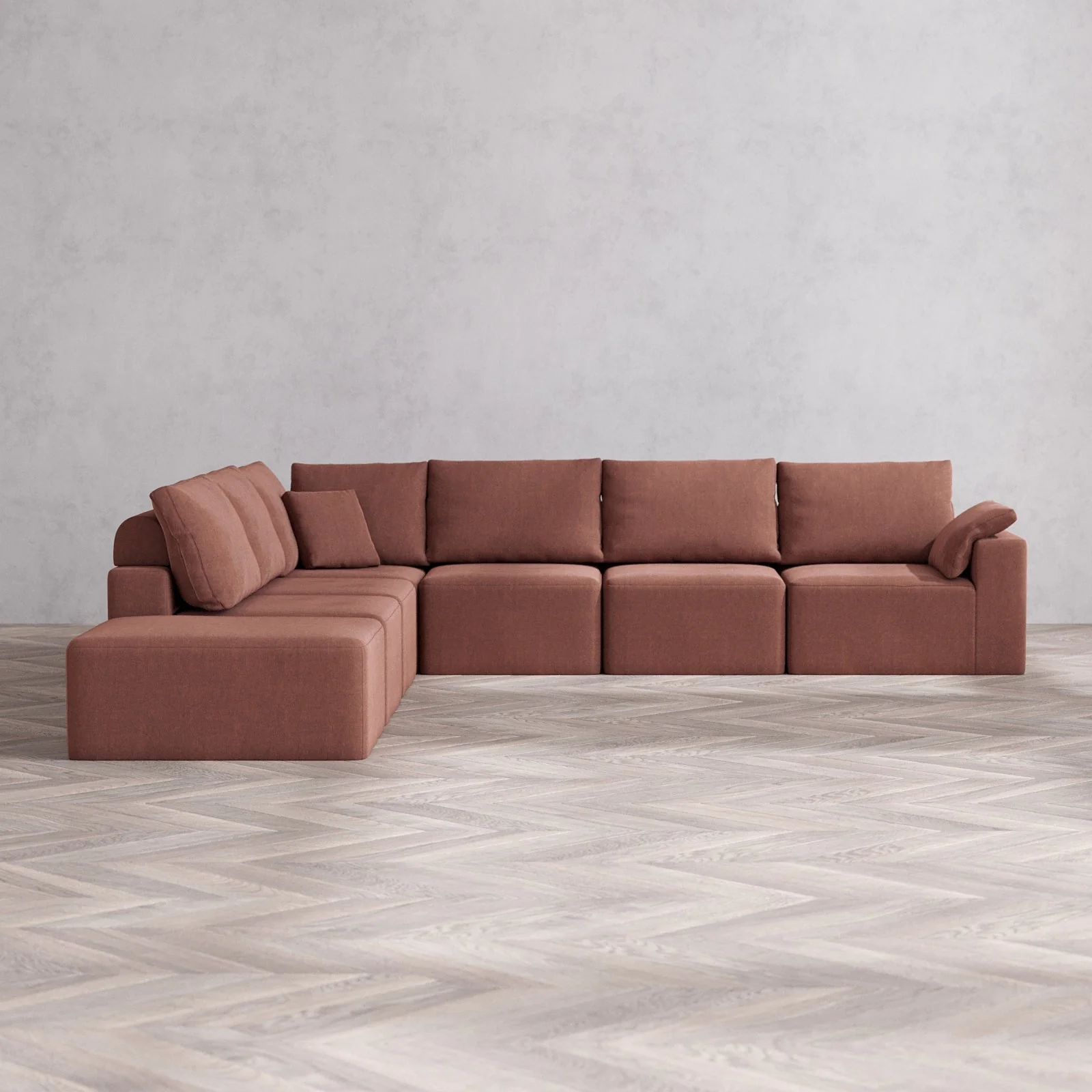 Modular Washable 7-Seater Open End Corner Sectional Cloud + Bolster Sofa | Right-Facing Arm | Heirloom Velvet in Sumac