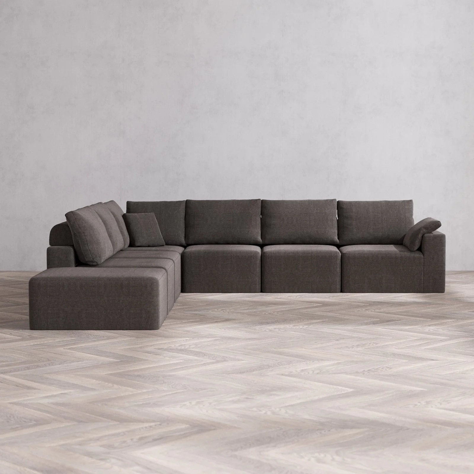 Modular Washable 7-Seater Open End Corner Sectional Cloud + Bolster Sofa | Right-Facing Arm | Heirloom Velvet in Truffle