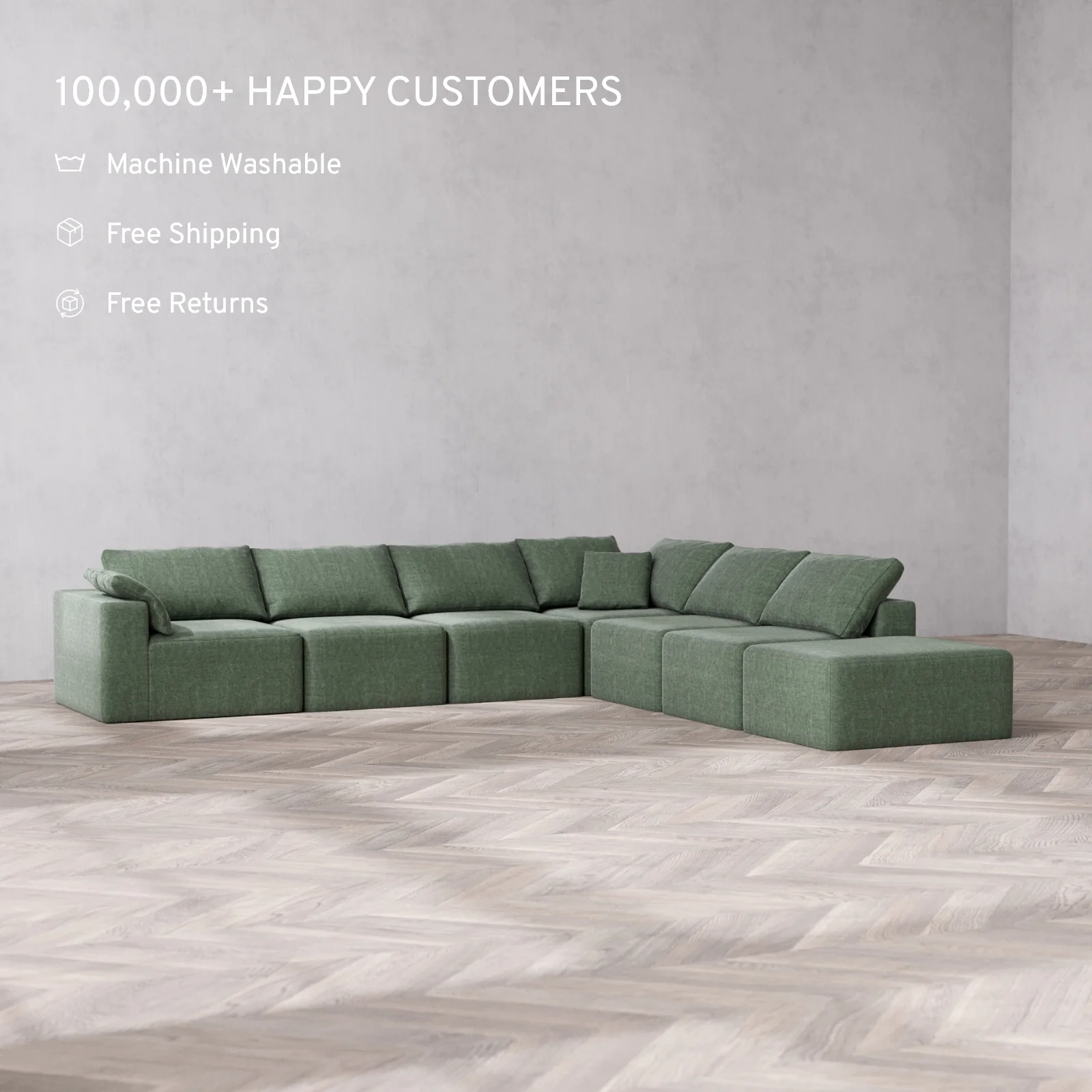 Modular Washable 7-Seater Open End Corner Sectional Cloud Sofa | Left-Facing Arm | Heirloom Velvet in Sage - Image 2