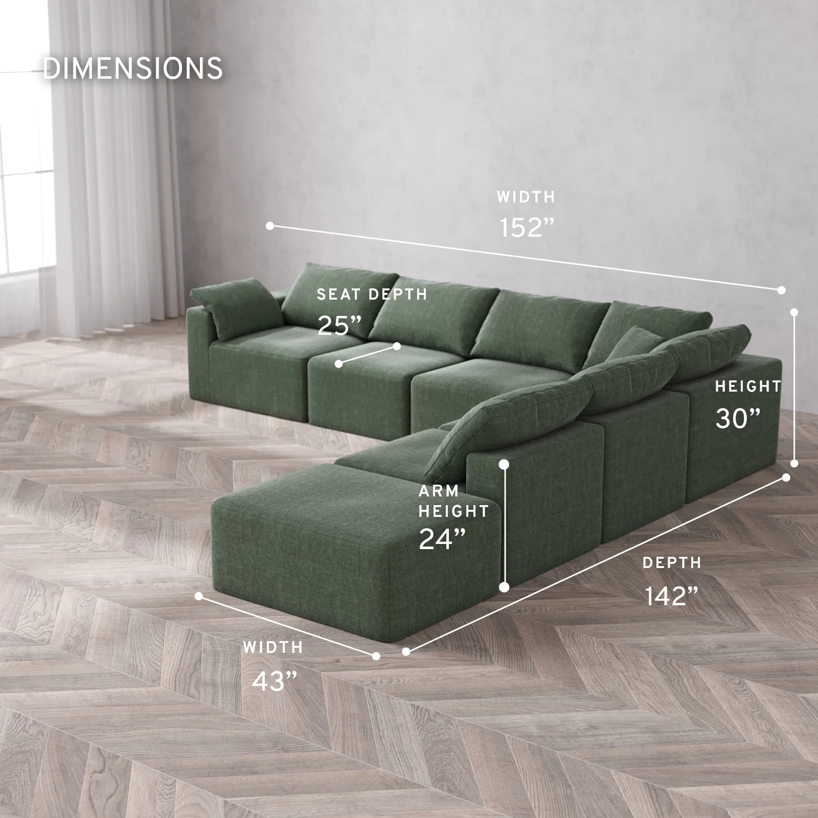 Modular Washable 7-Seater Open End Corner Sectional Cloud Sofa | Left-Facing Arm | Heirloom Velvet in Sage - Image 5