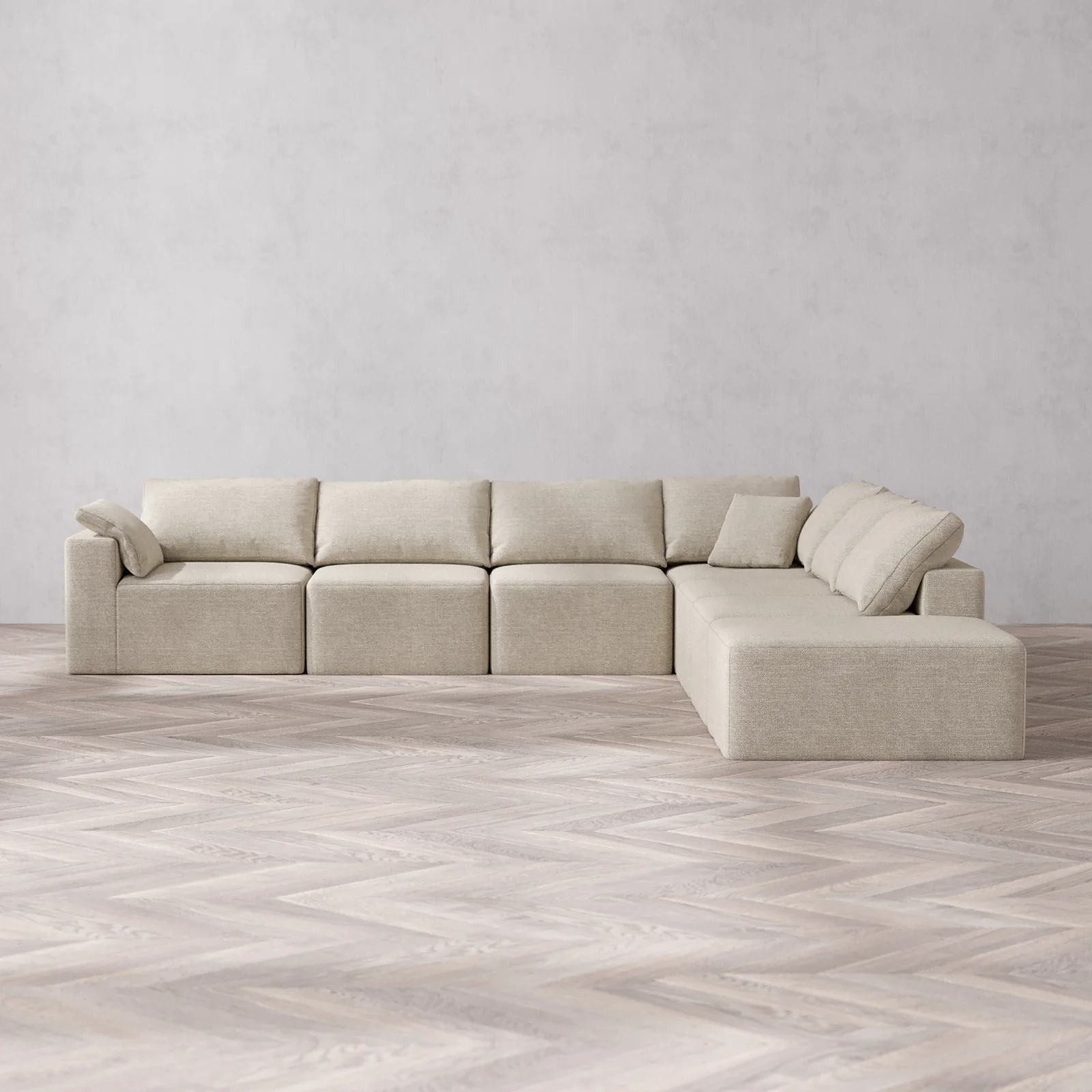 Modular Washable 7-Seater Open End Corner Sectional Cloud Sofa | Left-Facing Arm | Plush Twill in Sandstone