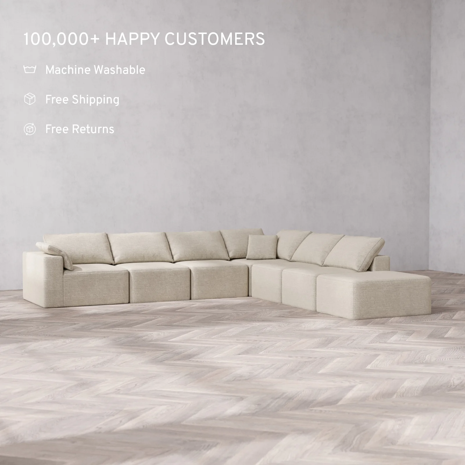 Modular Washable 7-Seater Open End Corner Sectional Cloud Sofa | Left-Facing Arm | Plush Twill in Sandstone - Image 2