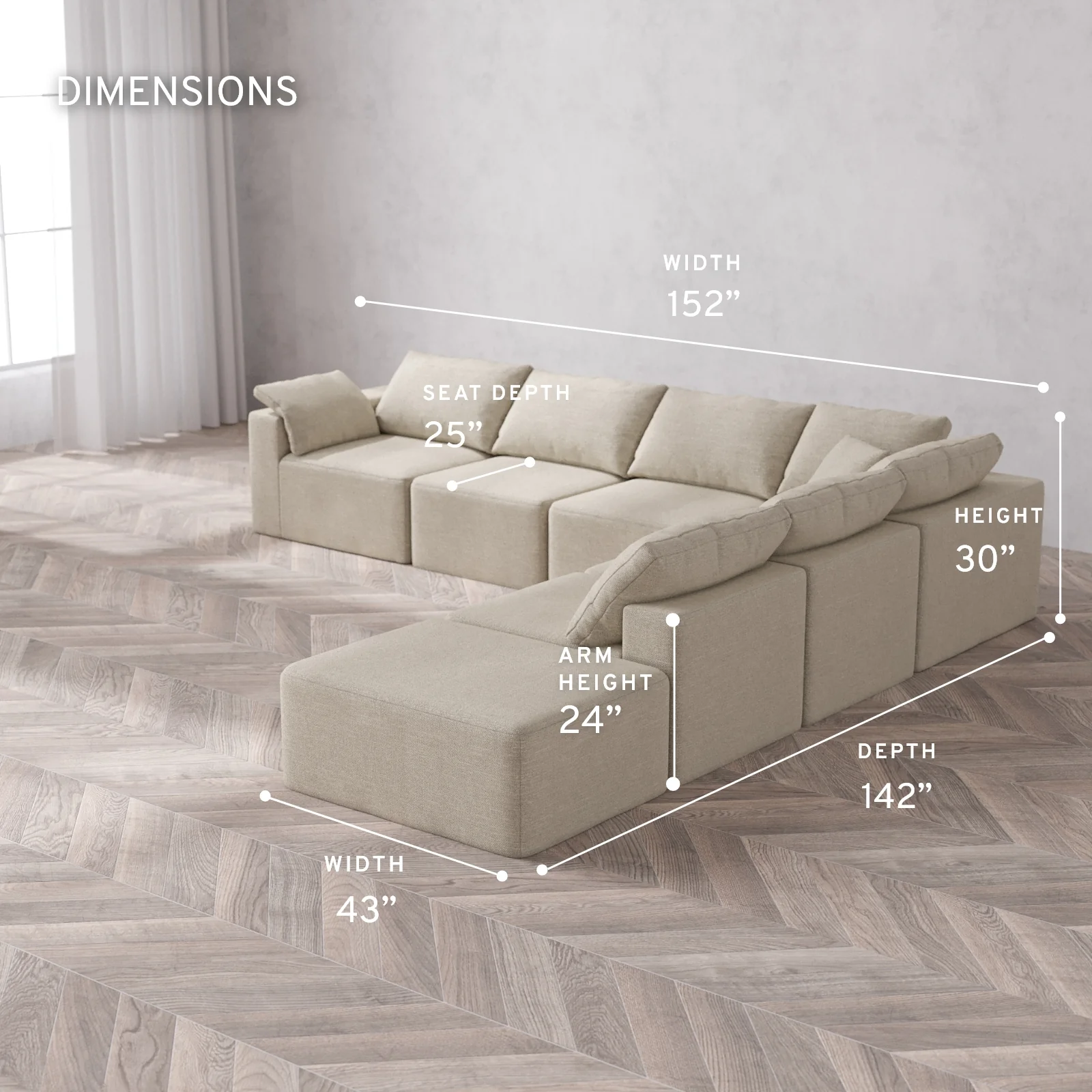 Modular Washable 7-Seater Open End Corner Sectional Cloud Sofa | Left-Facing Arm | Plush Twill in Sandstone - Image 5