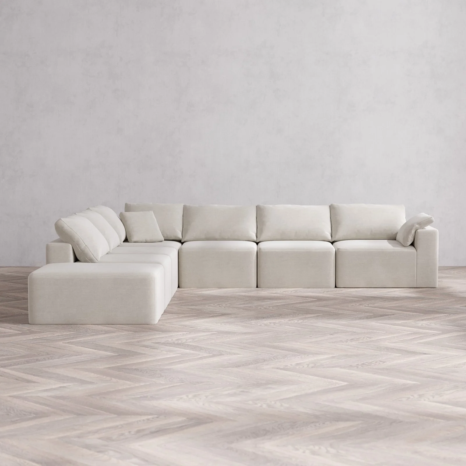 Modular Washable 7-Seater Open End Corner Sectional Cloud Sofa | Right-Facing Arm | Satin Velvet in Cashew