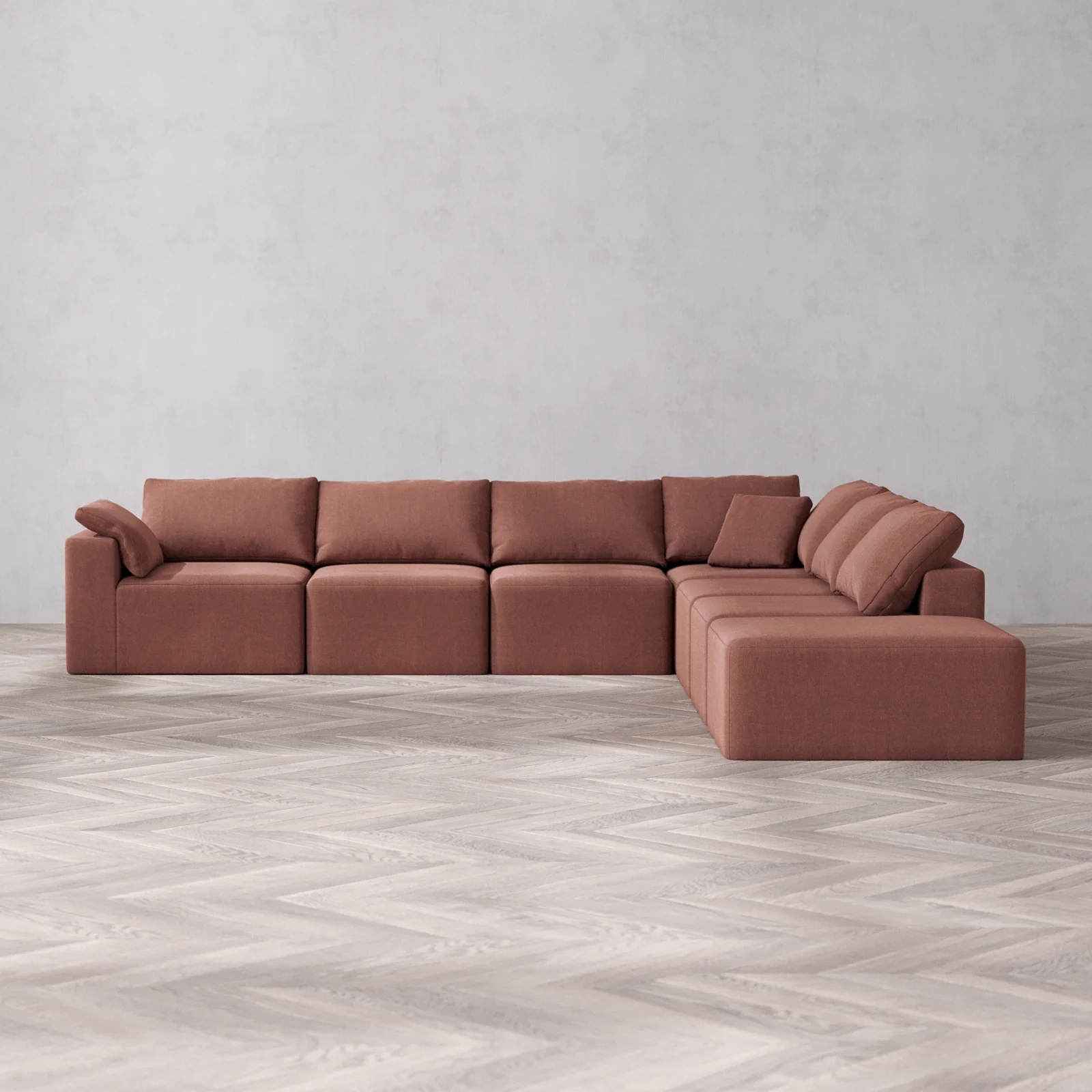 Modular Washable 7-Seater Open End Corner Sectional Cloud Sofa | Left-Facing Arm | Heirloom Velvet in Sumac