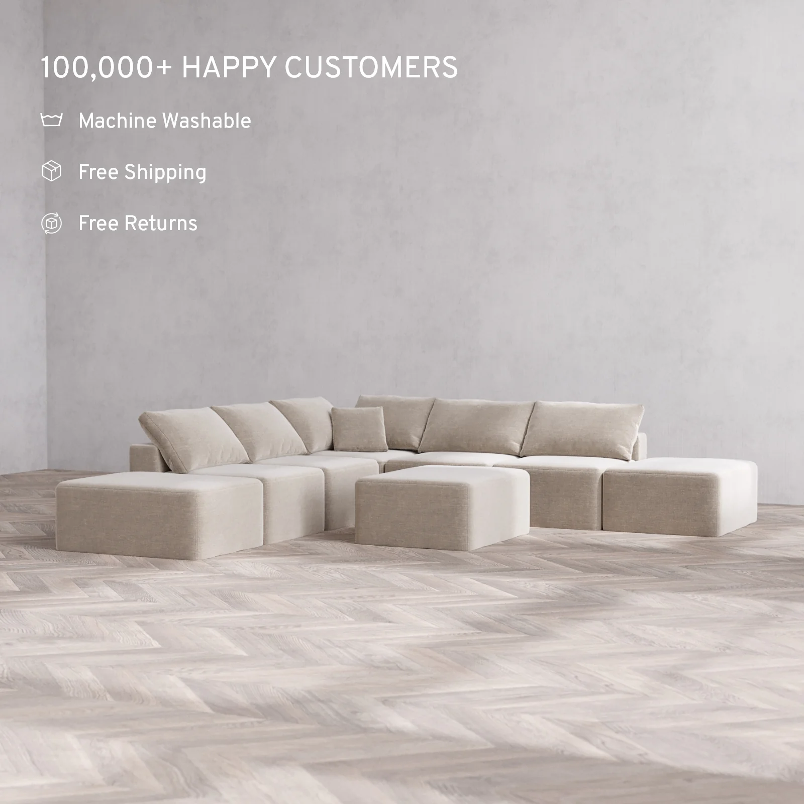 Modular Washable 7-Seater Open-Ends Corner Sectional + Chaise Ottoman Cloud Sofa | Satin Velvet in Caraway - Image 2