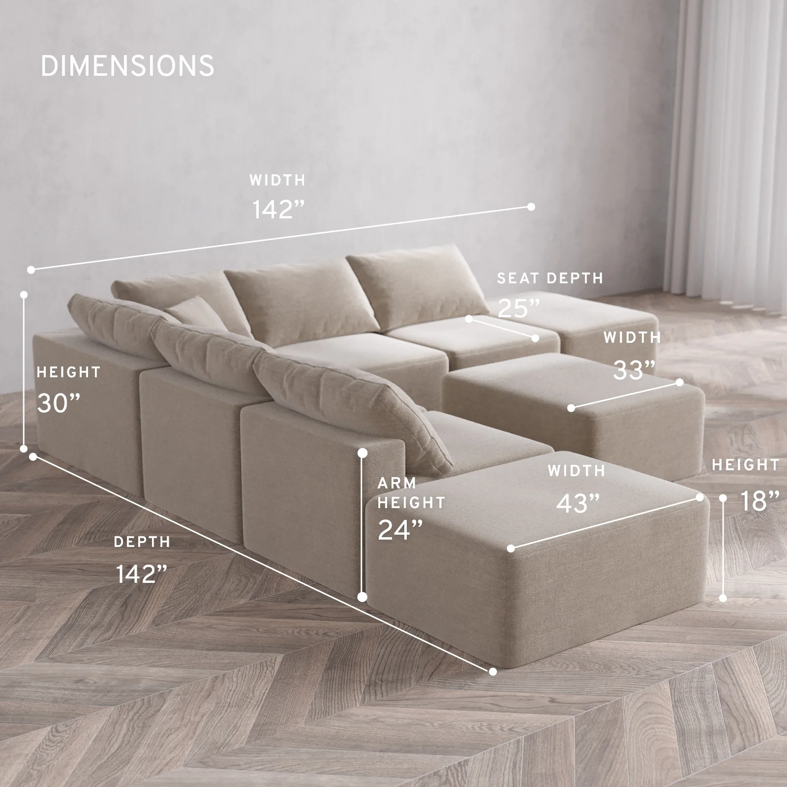 Modular Washable 7-Seater Open-Ends Corner Sectional + Chaise Ottoman Cloud Sofa | Satin Velvet in Caraway - Image 5
