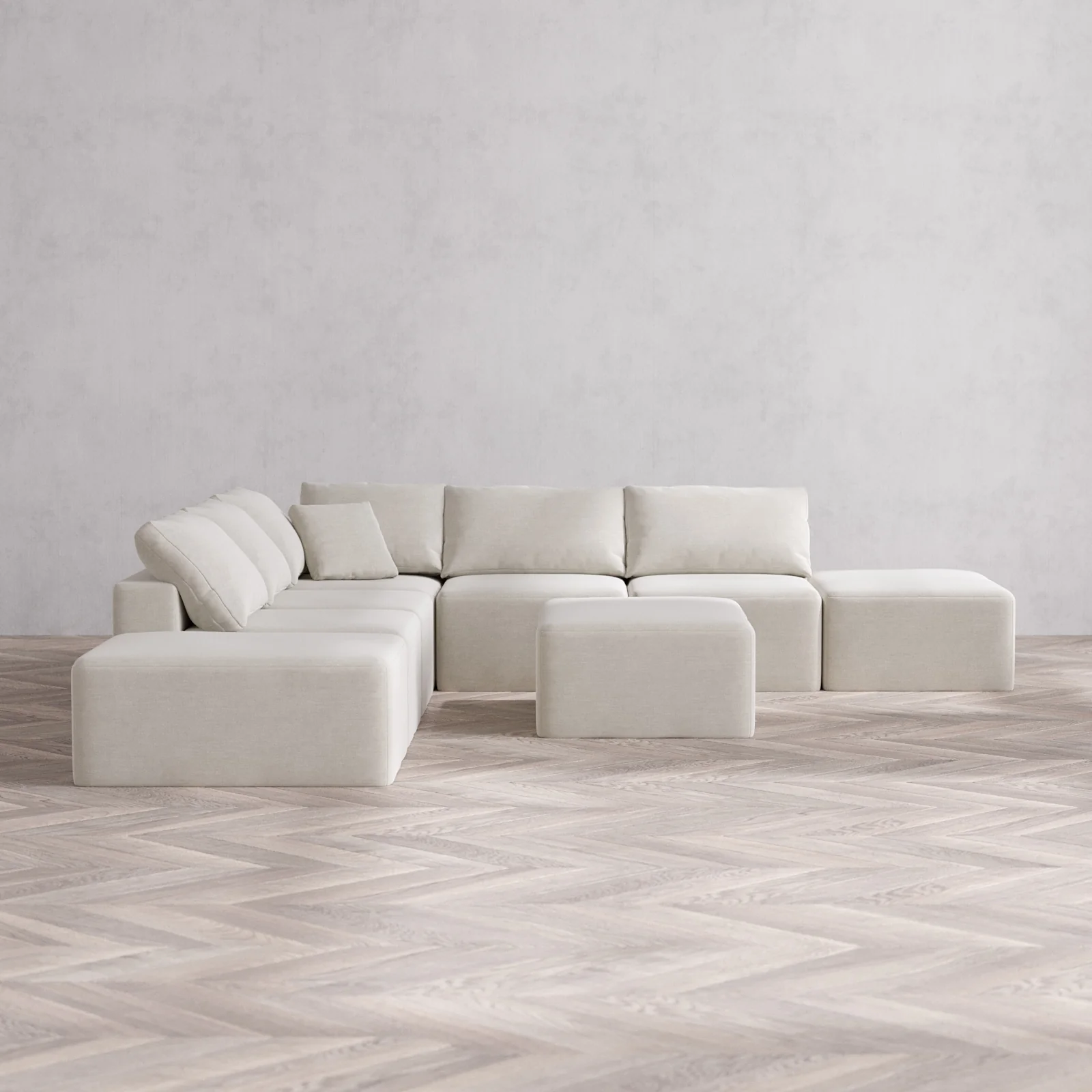 Modular Washable 7-Seater Open-Ends Corner Sectional + Chaise Ottoman Cloud Sofa | Satin Velvet in Cashew