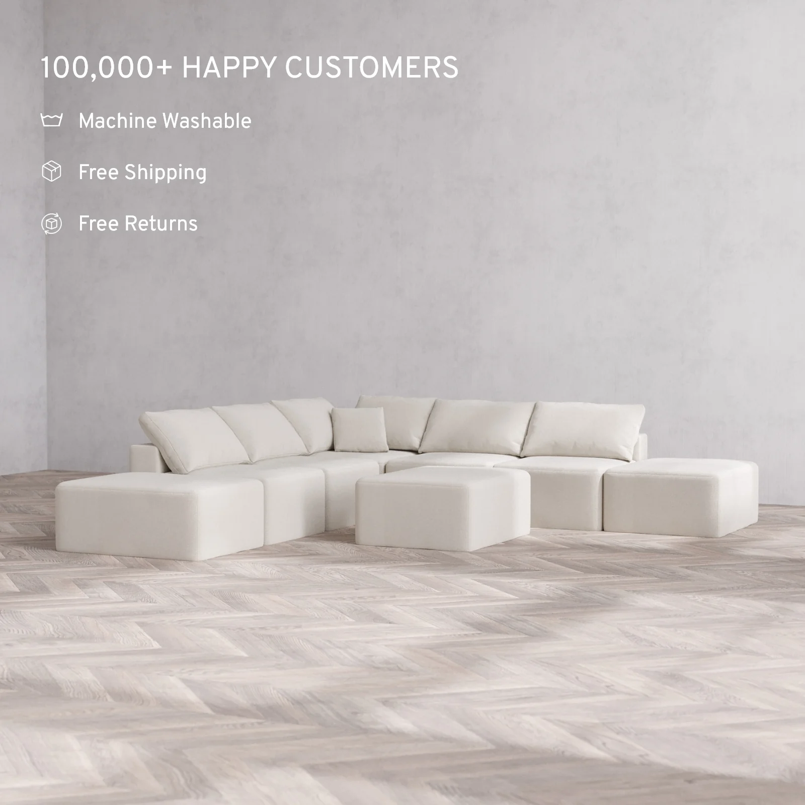 Modular Washable 7-Seater Open-Ends Corner Sectional + Chaise Ottoman Cloud Sofa | Lux Weave in Pearl - Image 2