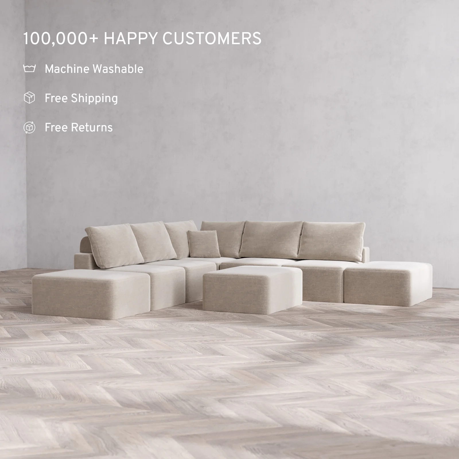 Modular Washable 7-Seater Open-Ends Corner Sectional + Chaise Ottoman Cloud + Bolster Sofa | Satin Velvet in Caraway - Image 2