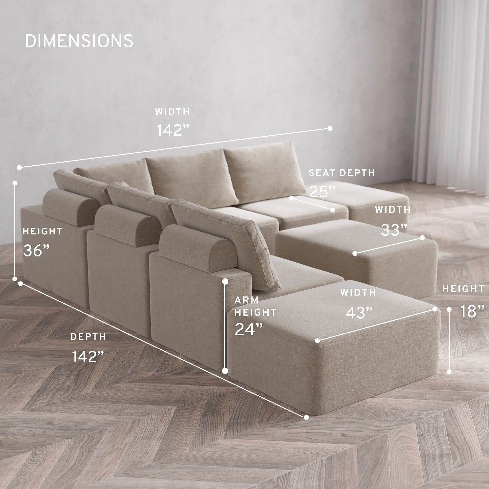 Modular Washable 7-Seater Open-Ends Corner Sectional + Chaise Ottoman Cloud + Bolster Sofa | Satin Velvet in Caraway - Image 5