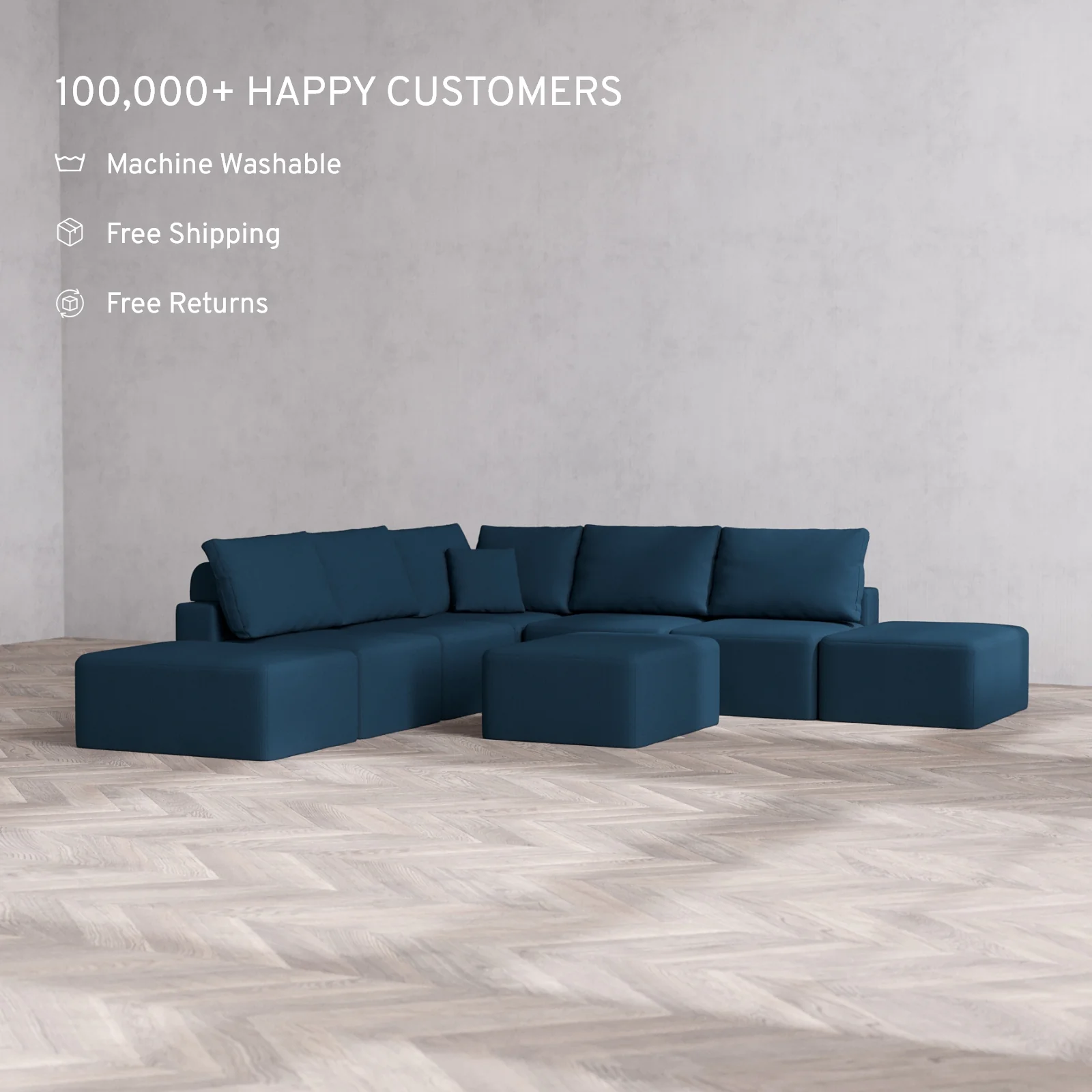 Modular Washable 7-Seater Open-Ends Corner Sectional + Chaise Ottoman Cloud + Bolster Sofa | Arden Weave in Lazuli - Image 2