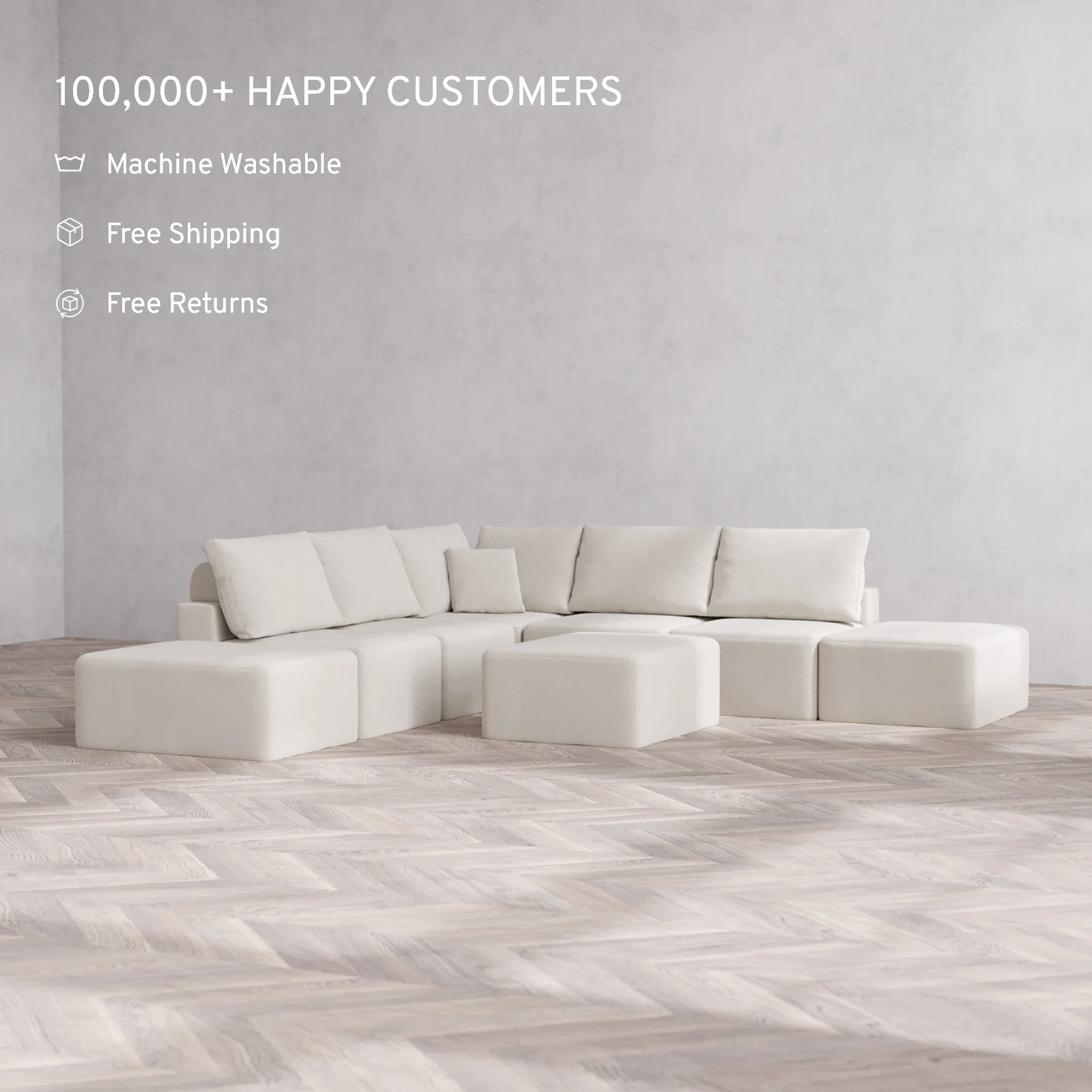 Modular Washable 7-Seater Open-Ends Corner Sectional + Chaise Ottoman Cloud + Bolster Sofa | Lux Weave in Pearl - Image 2