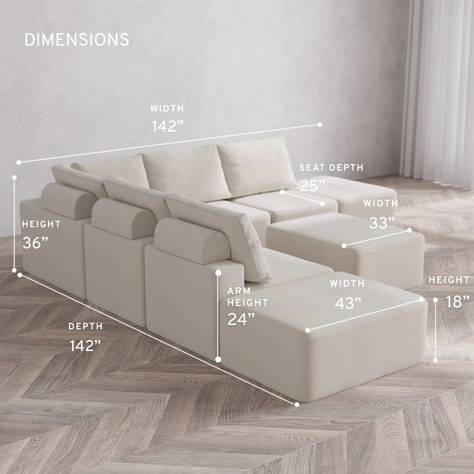 Modular Washable 7-Seater Open-Ends Corner Sectional + Chaise Ottoman Cloud + Bolster Sofa | Lux Weave in Pearl - Image 5