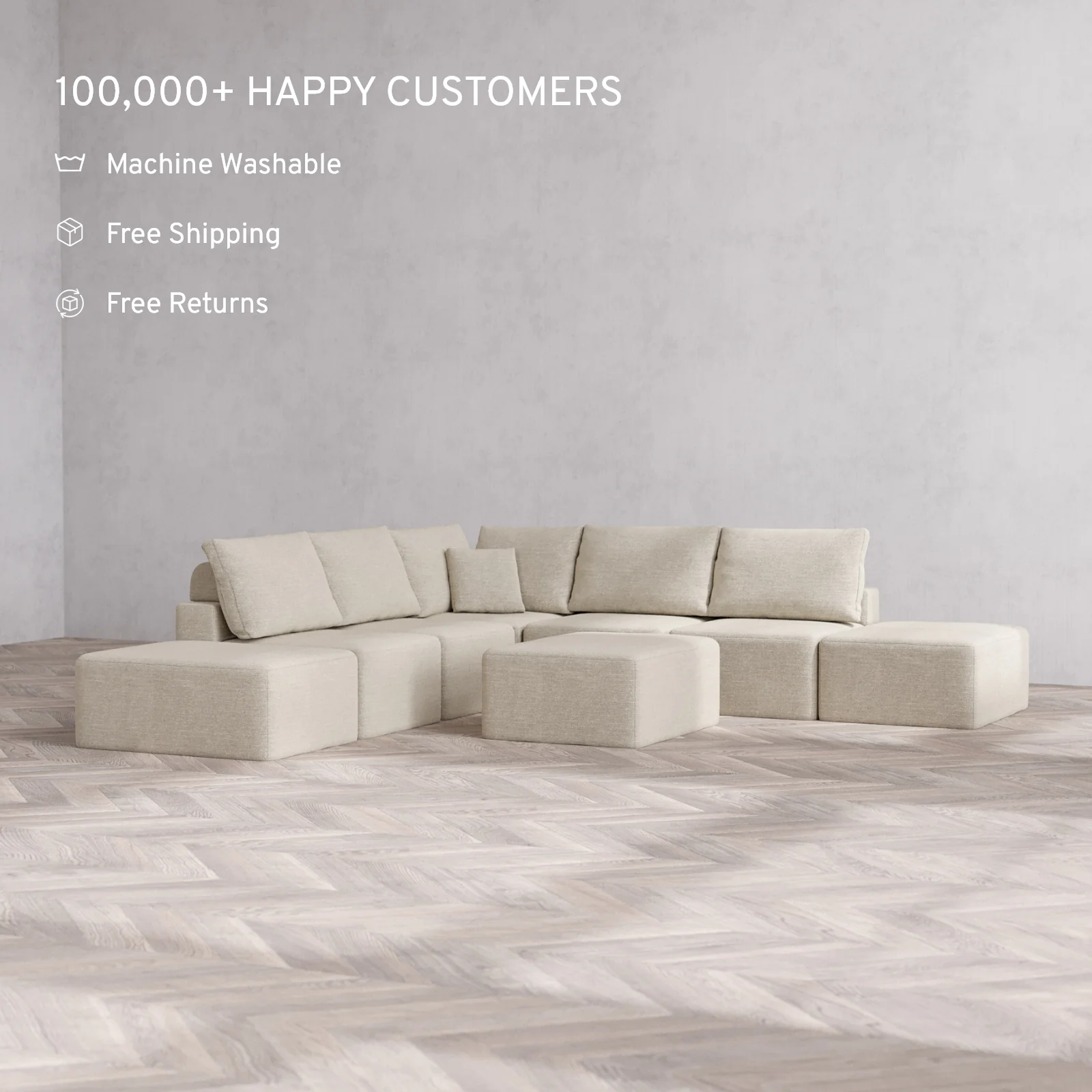 Modular Washable 7-Seater Open-Ends Corner Sectional + Chaise Ottoman Cloud + Bolster Sofa | Plush Twill in Sandstone - Image 2