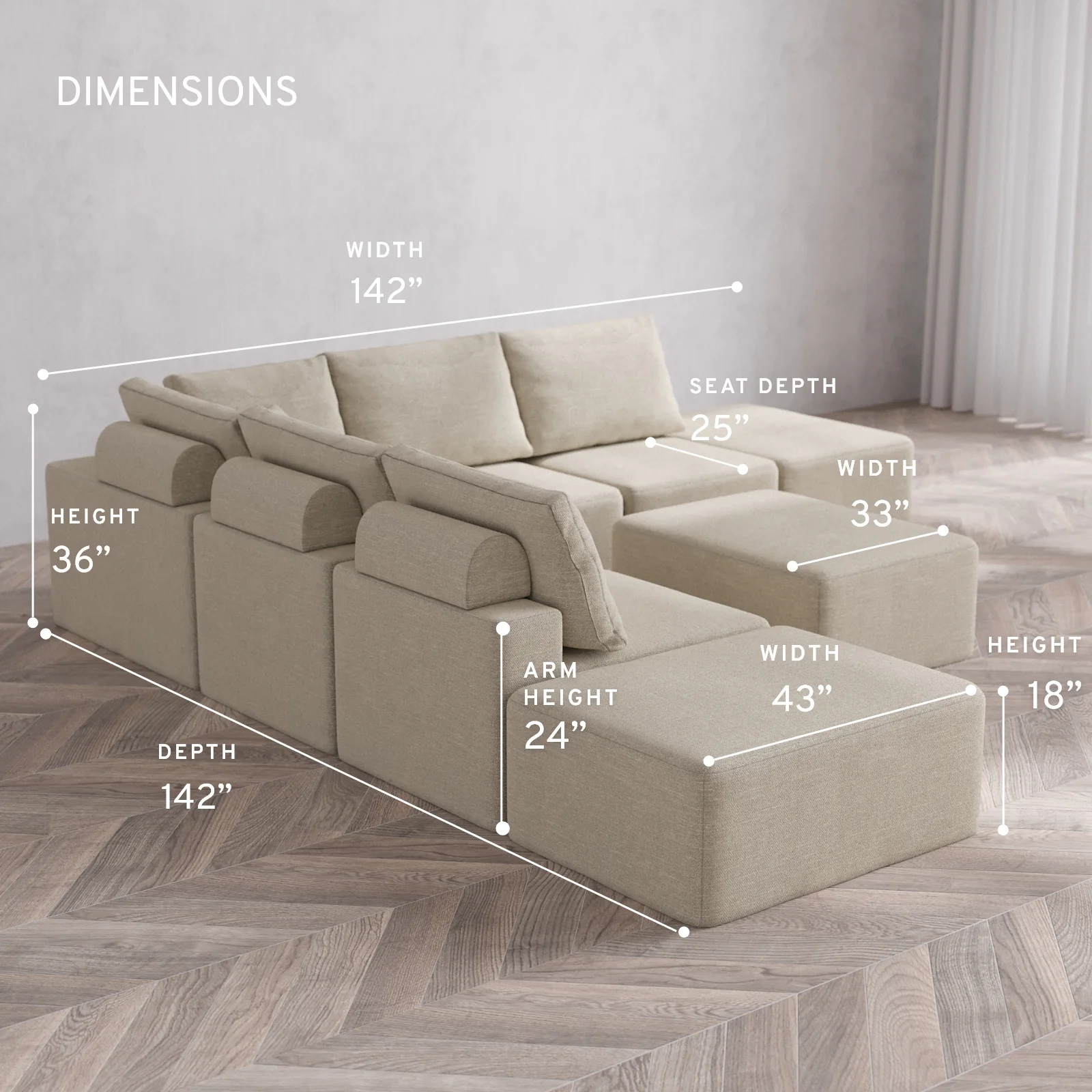 Modular Washable 7-Seater Open-Ends Corner Sectional + Chaise Ottoman Cloud + Bolster Sofa | Plush Twill in Sandstone - Image 5