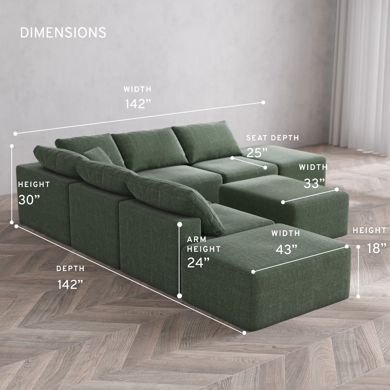 Modular Washable 7-Seater Open-Ends Corner Sectional + Chaise Ottoman Cloud Sofa | Heirloom Velvet in Sage - Image 5