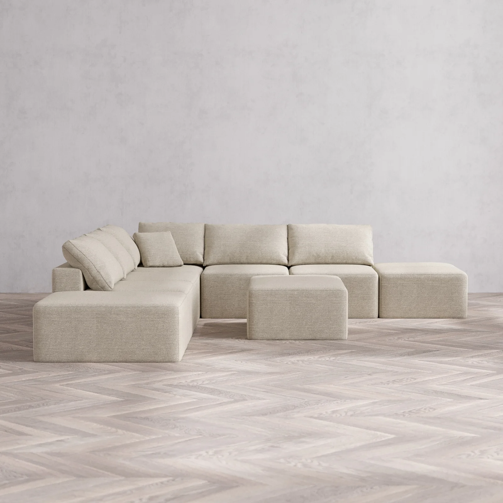 Modular Washable 7-Seater Open-Ends Corner Sectional + Chaise Ottoman Cloud Sofa | Plush Twill in Sandstone