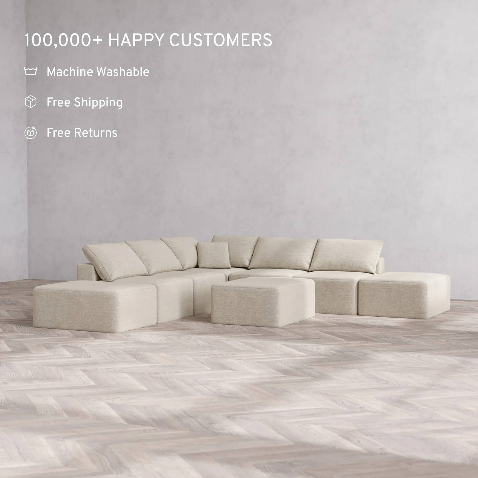 Modular Washable 7-Seater Open-Ends Corner Sectional + Chaise Ottoman Cloud Sofa | Plush Twill in Sandstone - Image 2