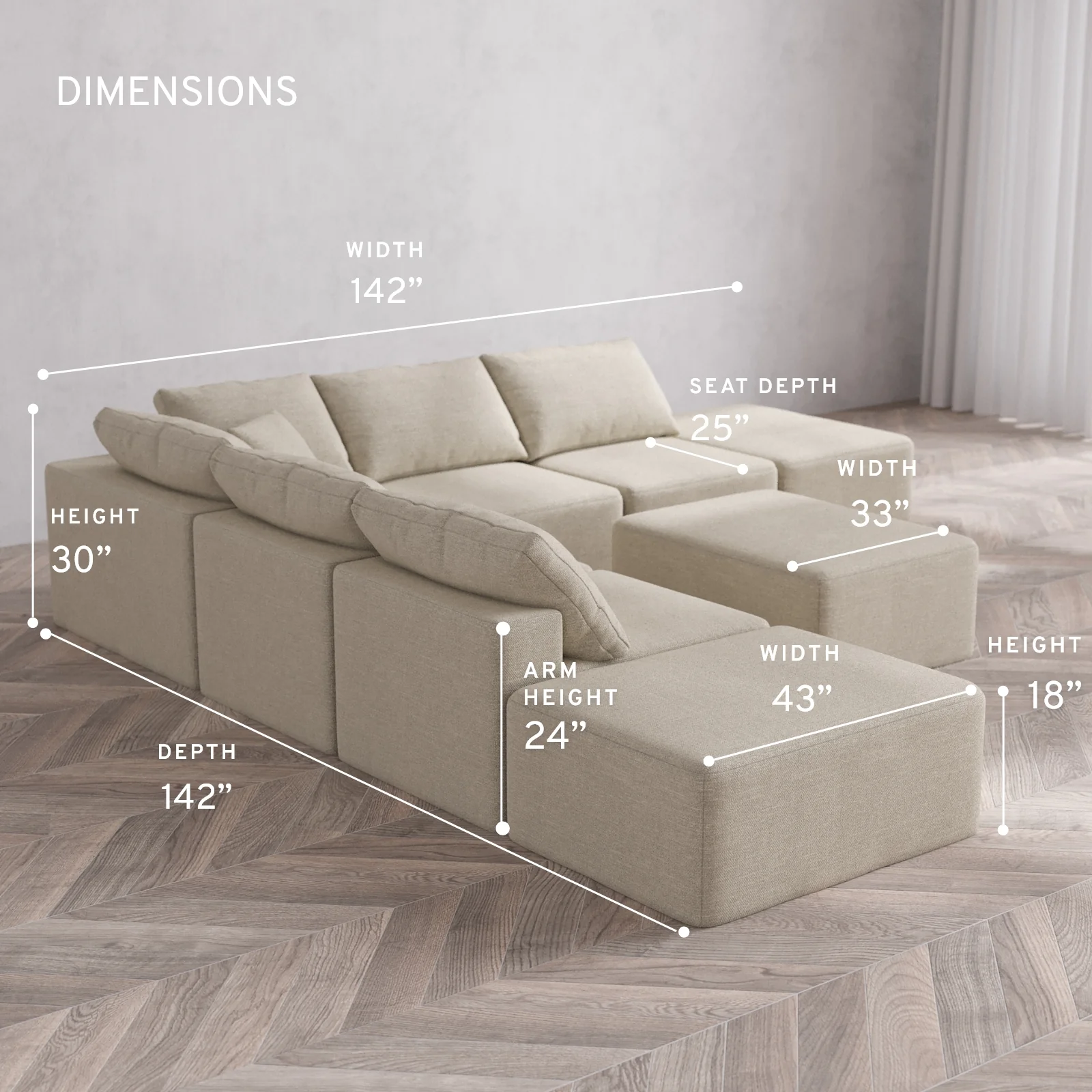 Modular Washable 7-Seater Open-Ends Corner Sectional + Chaise Ottoman Cloud Sofa | Plush Twill in Sandstone - Image 5