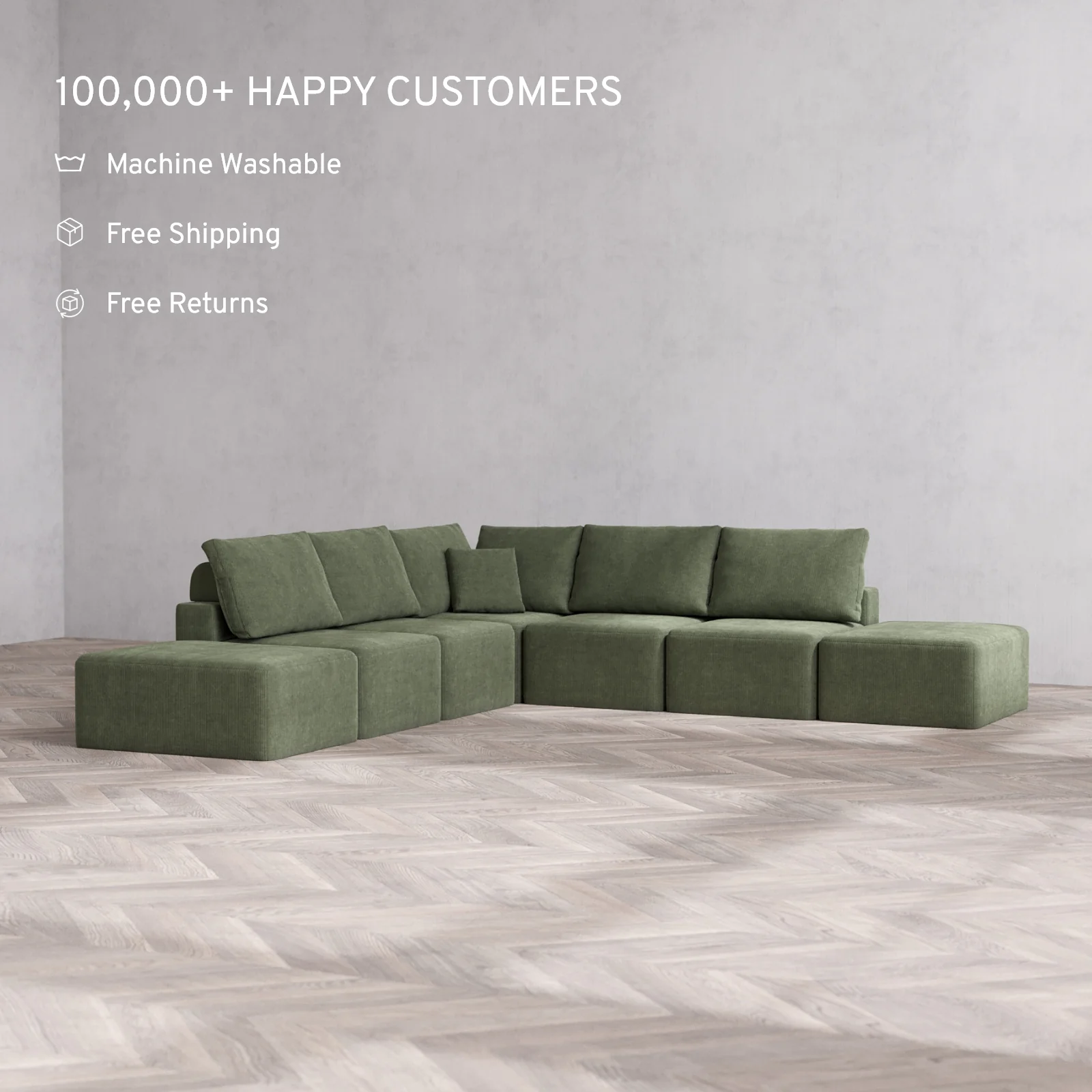 Modular Washable 7-Seater Open-Ends Corner Sectional Cloud + Bolster Sofa | Luxe Corduroy in Juniper - Image 2