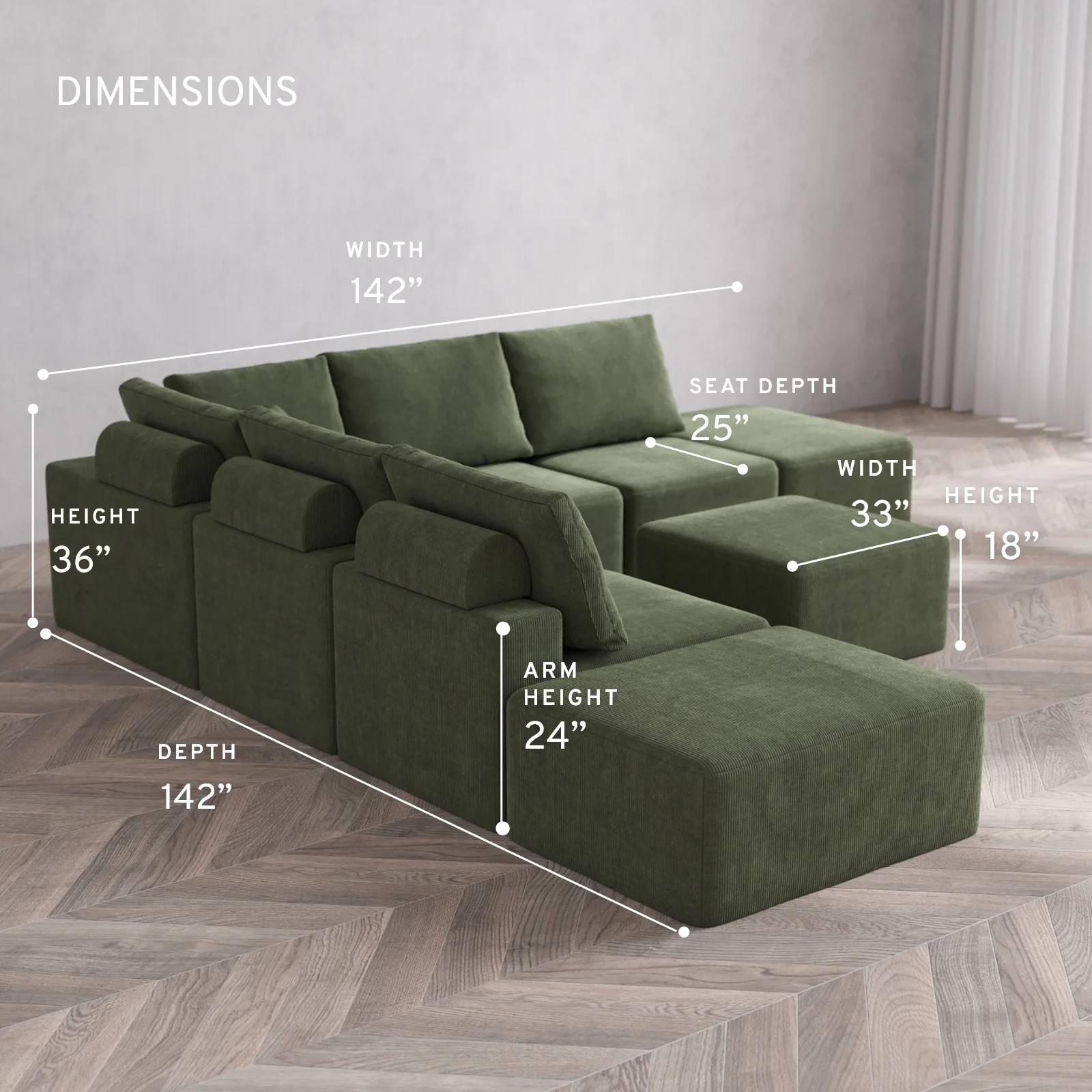 Modular Washable 7-Seater Open-Ends Corner Sectional Cloud + Bolster Sofa | Luxe Corduroy in Juniper - Image 5