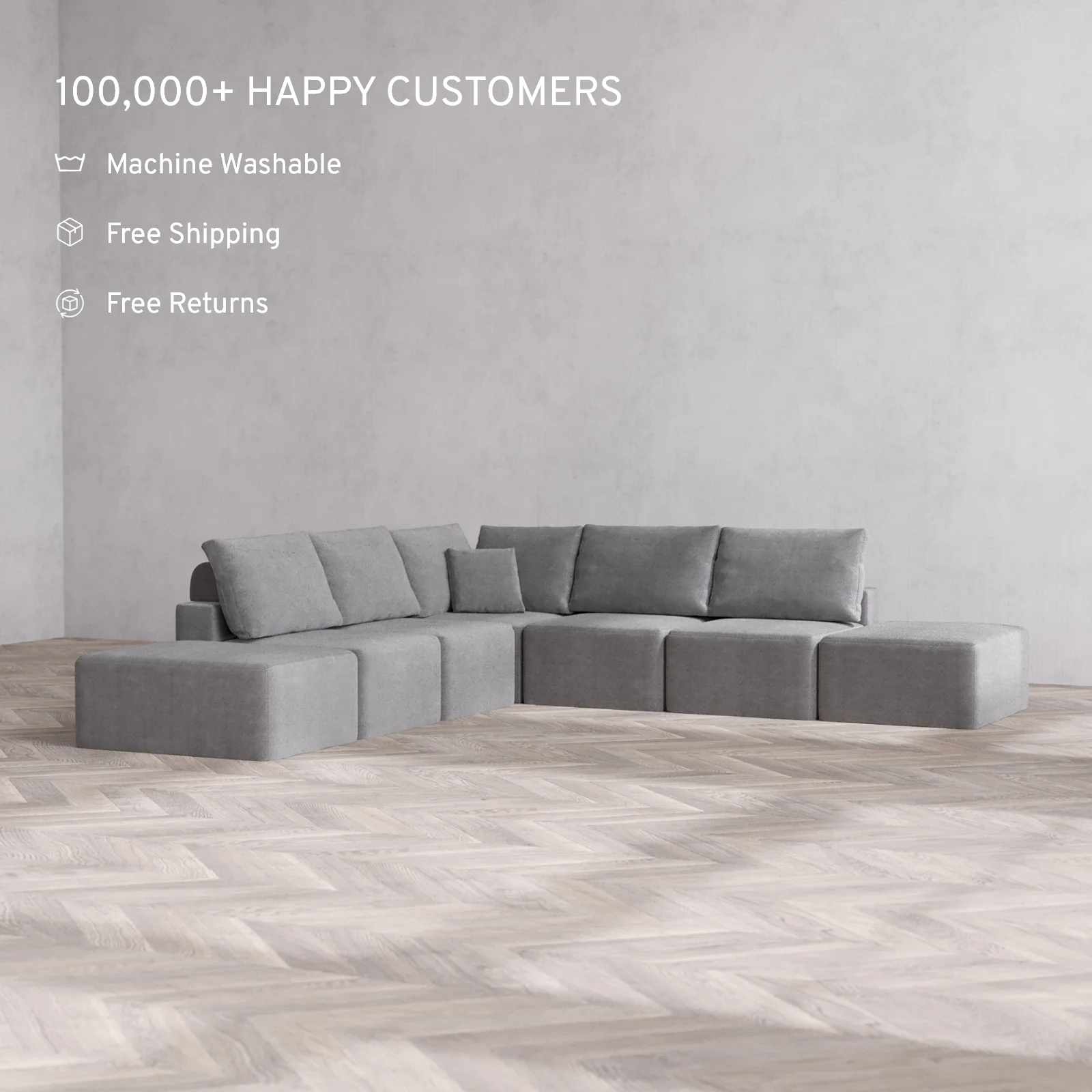 Modular Washable 7-Seater Open-Ends Corner Sectional Cloud + Bolster Sofa | Lux Weave in Slate - Image 2