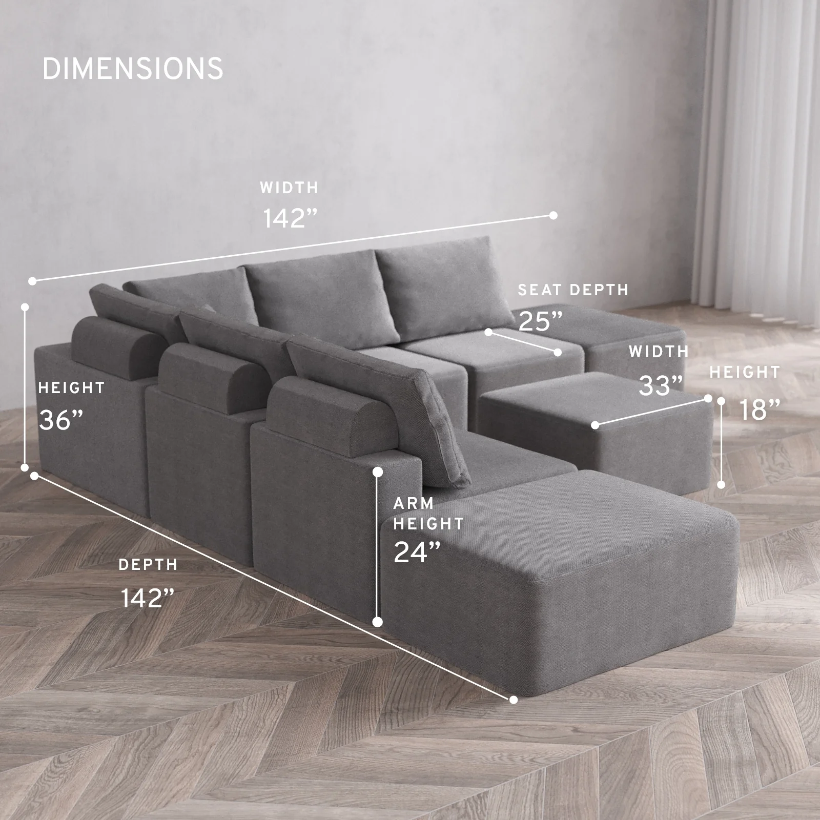 Modular Washable 7-Seater Open-Ends Corner Sectional Cloud + Bolster Sofa | Lux Weave in Slate - Image 5