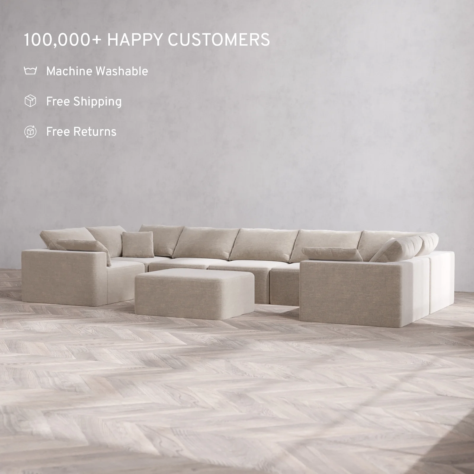 Modular Washable 7-Seater U Sectional + Chaise Ottoman Cloud Sofa | Satin Velvet in Caraway - Image 2