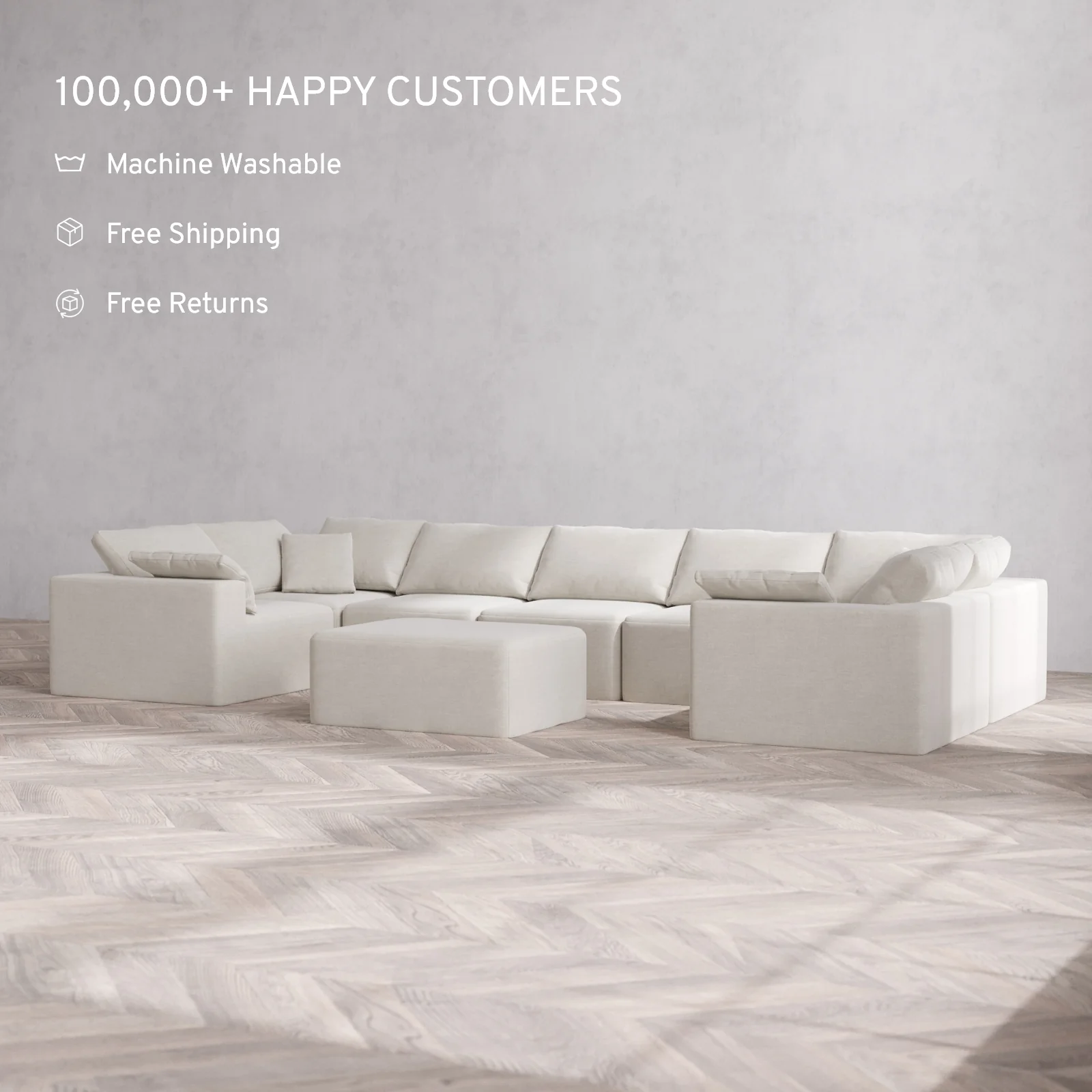Modular Washable 7-Seater U Sectional + Chaise Ottoman Cloud Sofa | Satin Velvet in Cashew - Image 2
