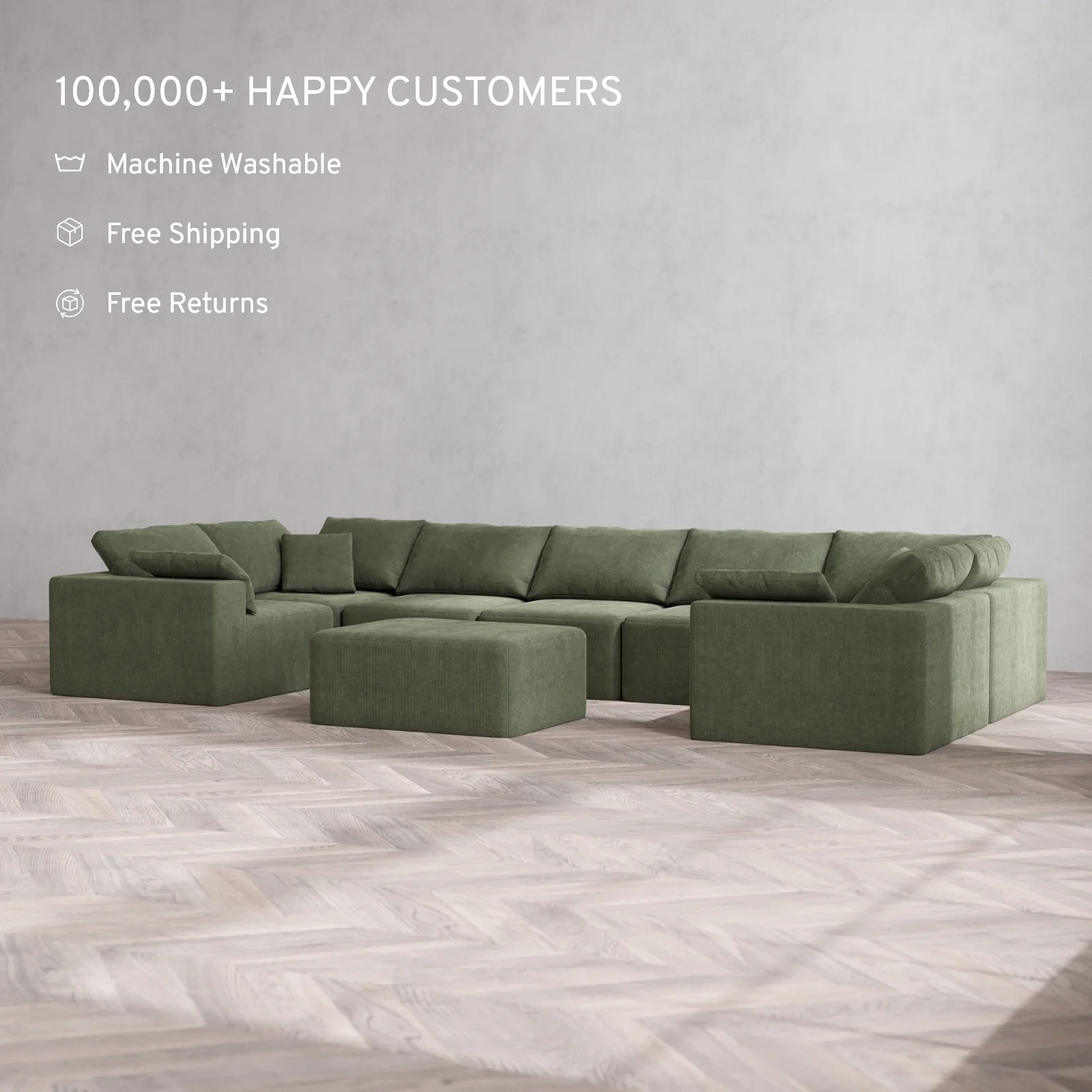 Modular Washable 7-Seater U Sectional + Chaise Ottoman Cloud Sofa | Luxe Corduroy in Juniper - Image 2