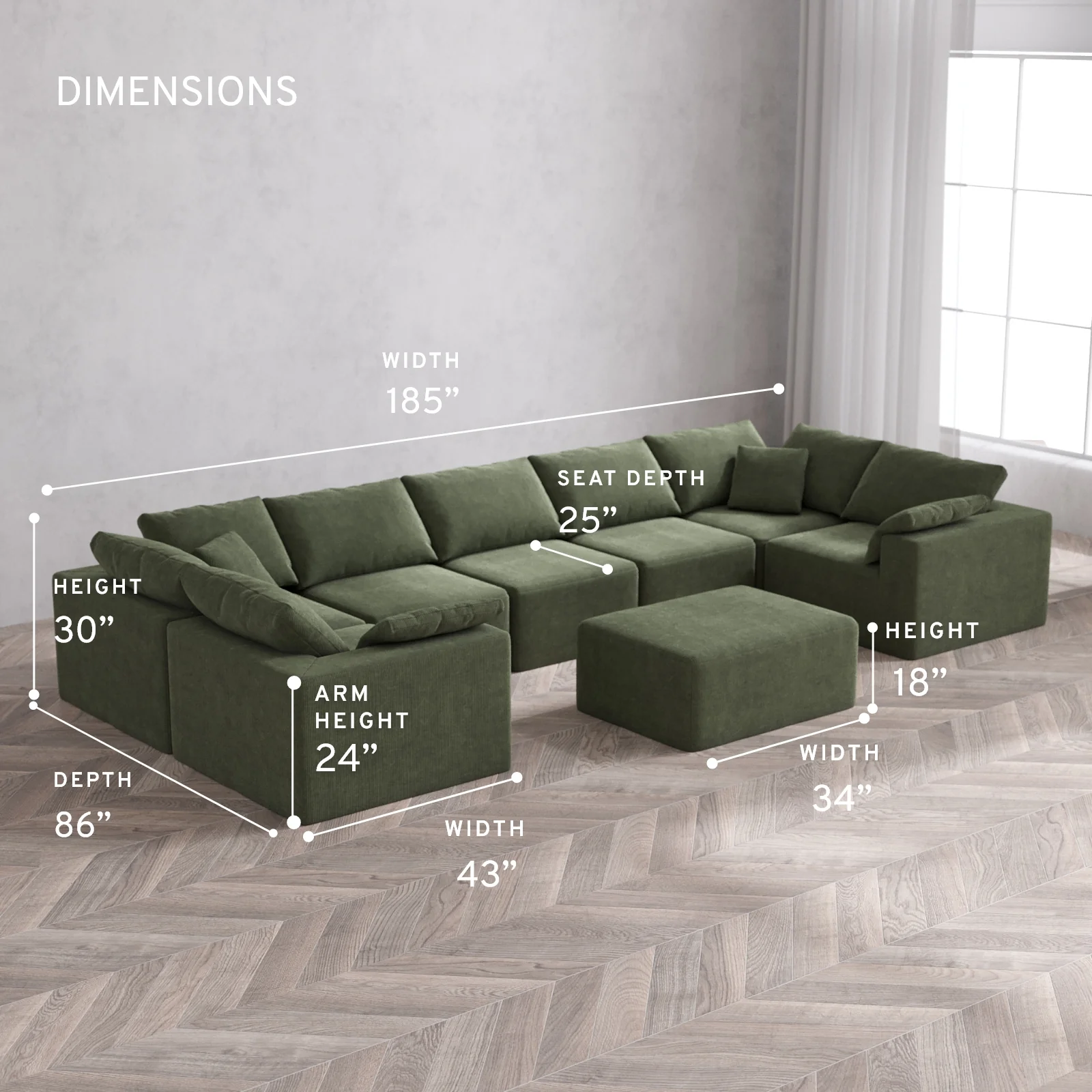 Modular Washable 7-Seater U Sectional + Chaise Ottoman Cloud Sofa | Luxe Corduroy in Juniper - Image 5