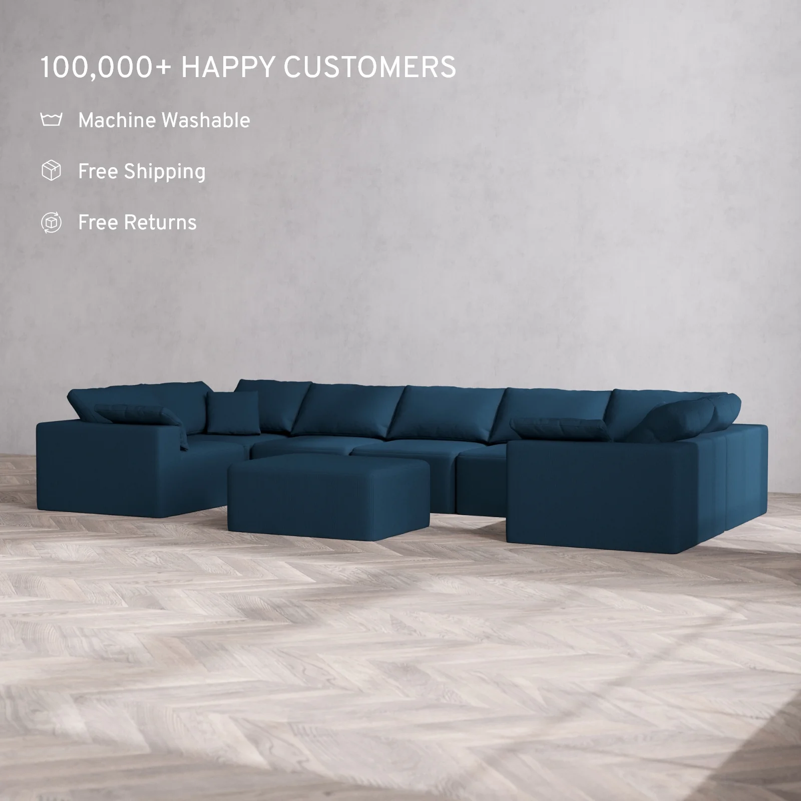 Modular Washable 7-Seater U Sectional + Chaise Ottoman Cloud Sofa | Arden Weave in Lazuli - Image 2