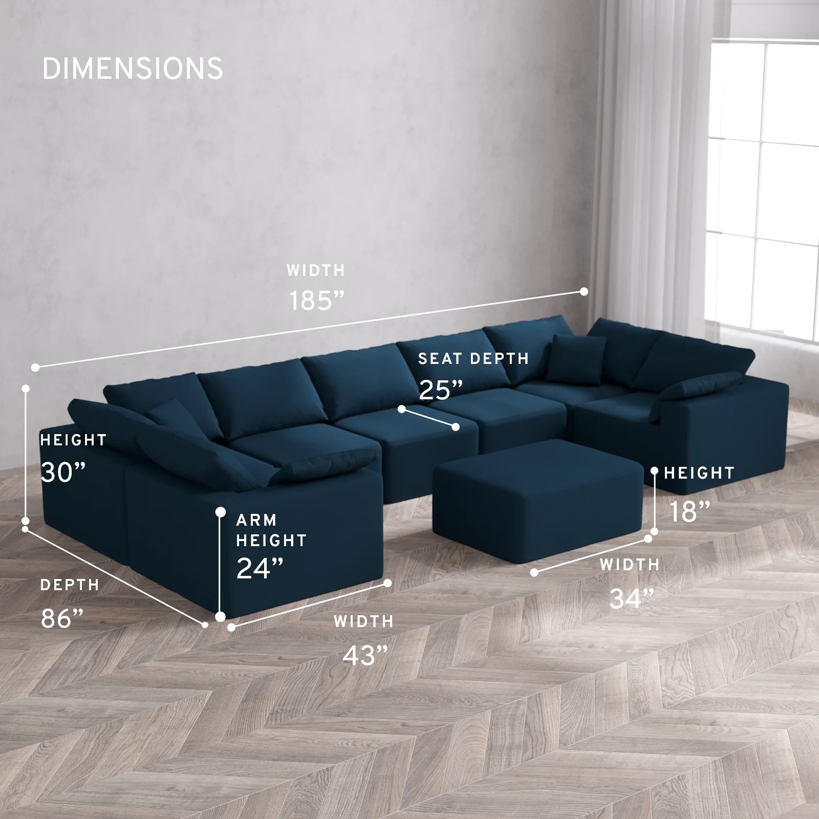 Modular Washable 7-Seater U Sectional + Chaise Ottoman Cloud Sofa | Arden Weave in Lazuli - Image 5