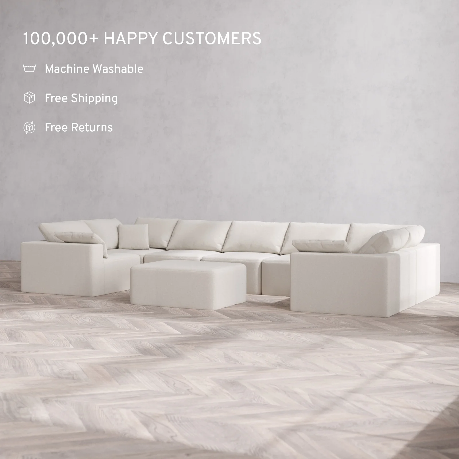 Modular Washable 7-Seater U Sectional + Chaise Ottoman Cloud Sofa | Lux Weave in Pearl - Image 2