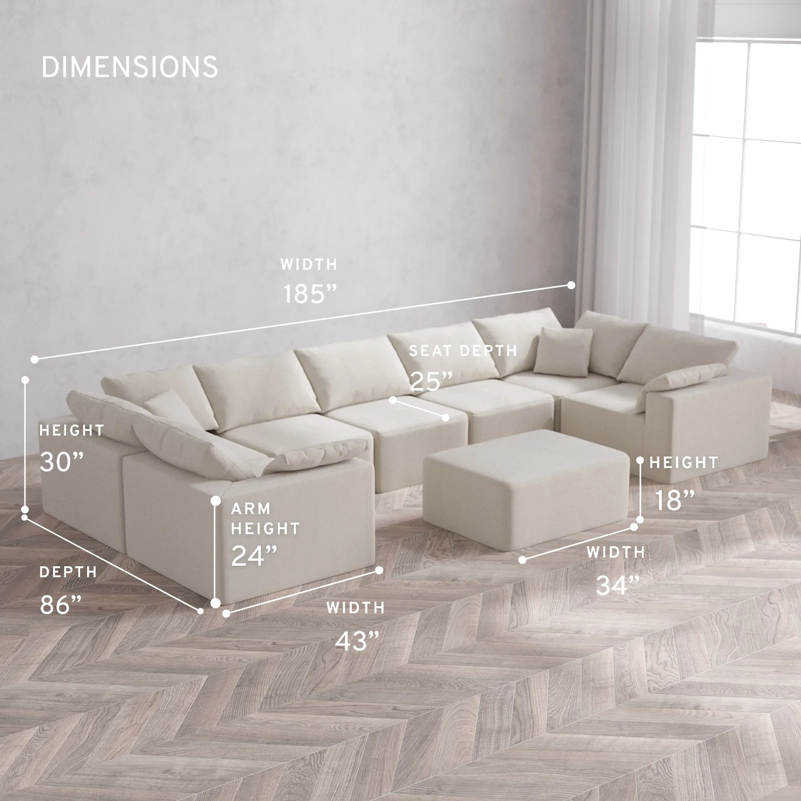 Modular Washable 7-Seater U Sectional + Chaise Ottoman Cloud Sofa | Lux Weave in Pearl - Image 5