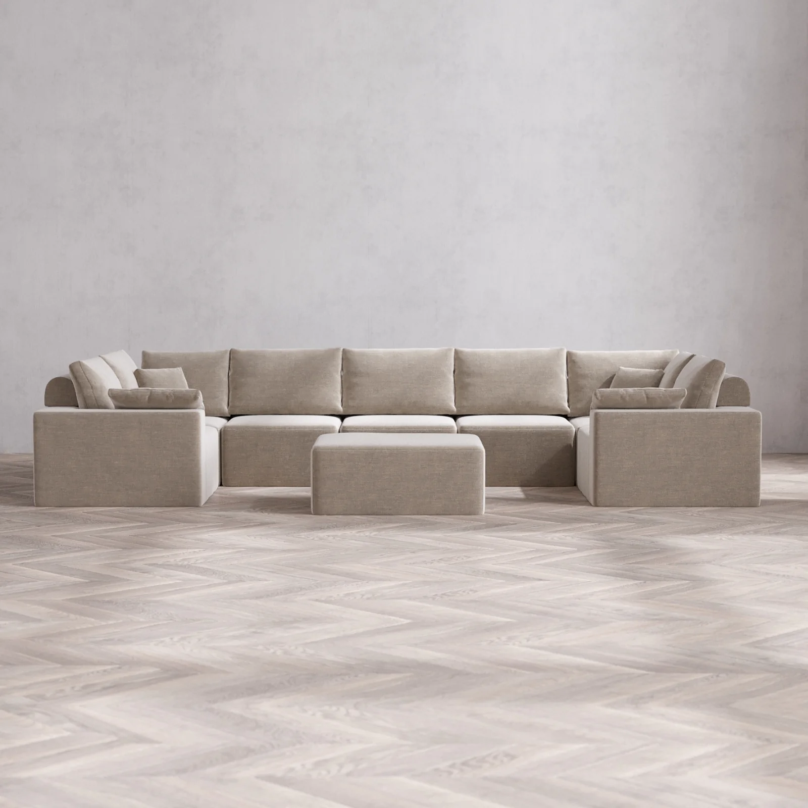 Modular Washable 7-Seater U Sectional + Chaise Ottoman Cloud + Bolster Sofa | Satin Velvet in Caraway