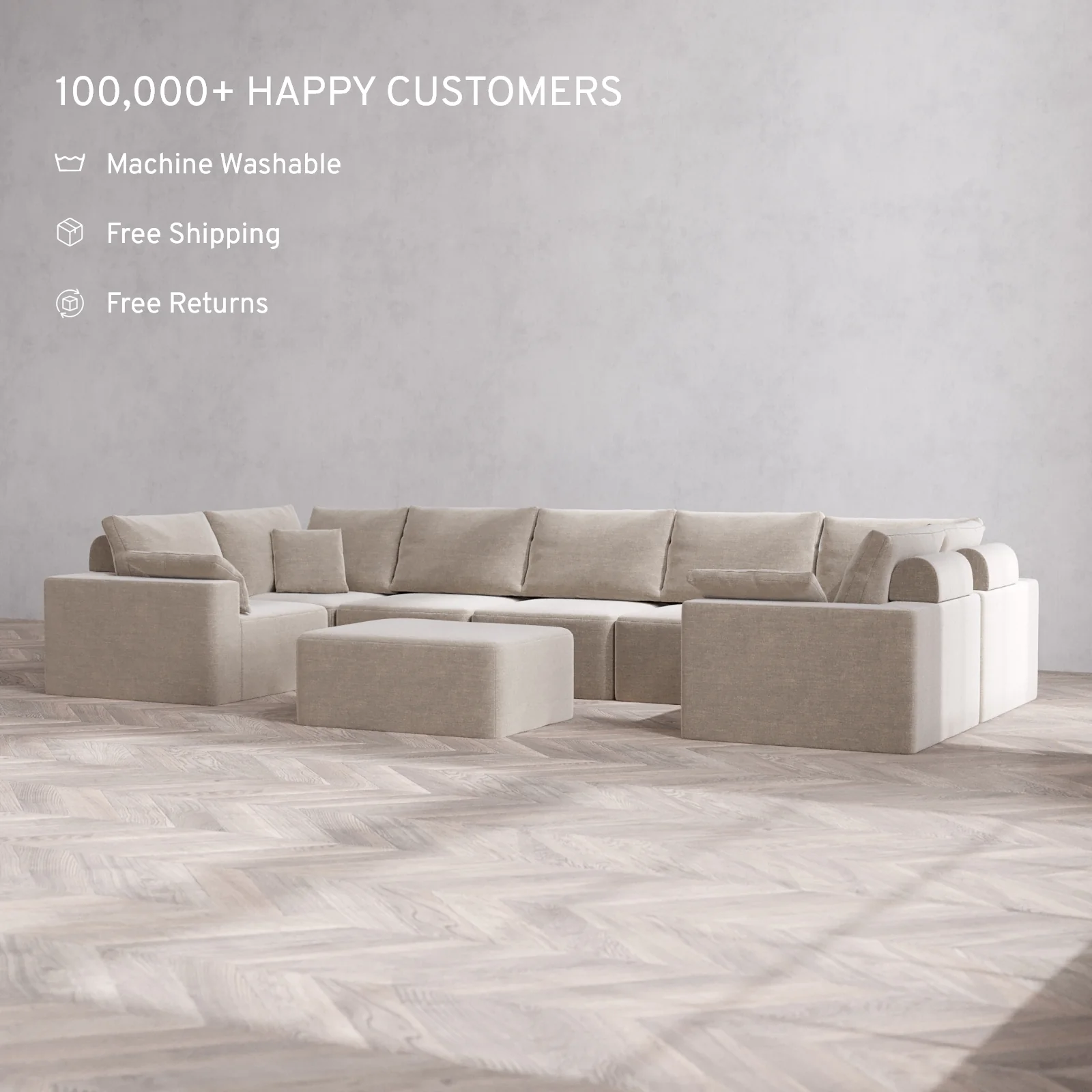 Modular Washable 7-Seater U Sectional + Chaise Ottoman Cloud + Bolster Sofa | Satin Velvet in Caraway - Image 2