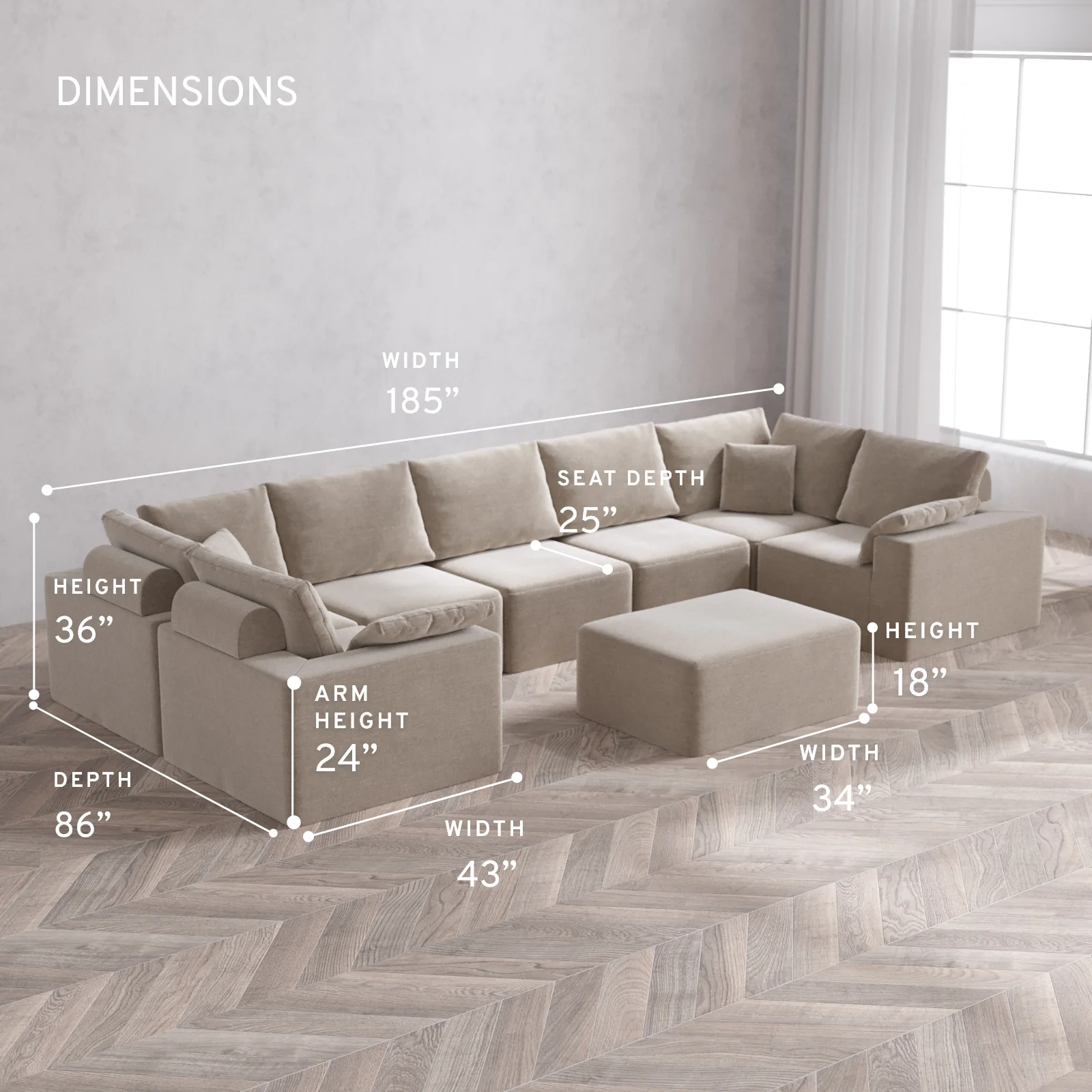 Modular Washable 7-Seater U Sectional + Chaise Ottoman Cloud + Bolster Sofa | Satin Velvet in Caraway - Image 5