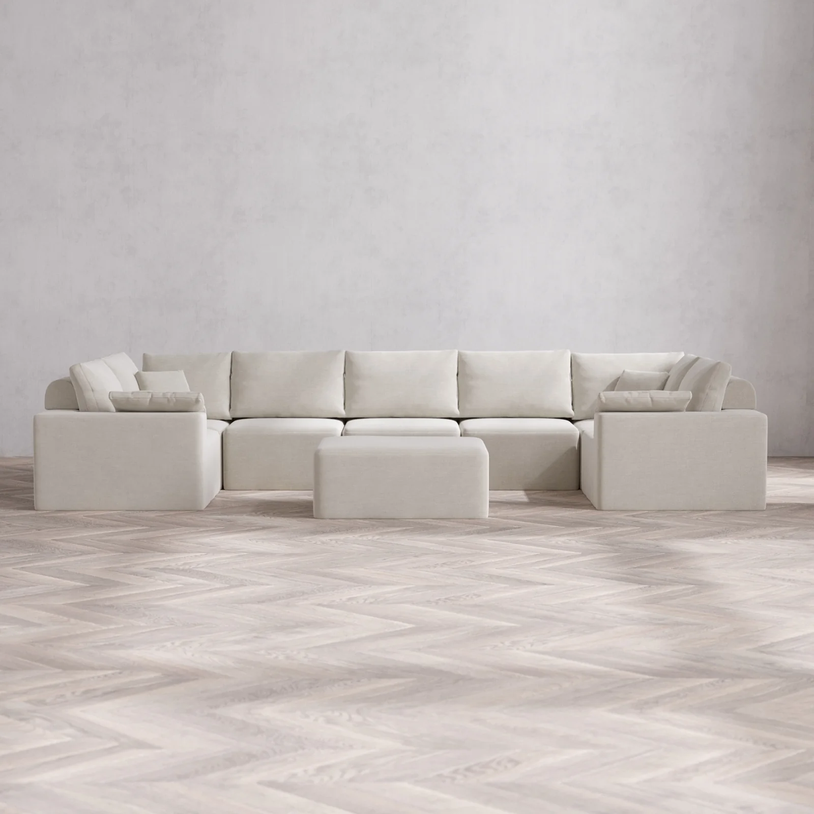 Modular Washable 7-Seater U Sectional + Chaise Ottoman Cloud + Bolster Sofa | Satin Velvet in Cashew