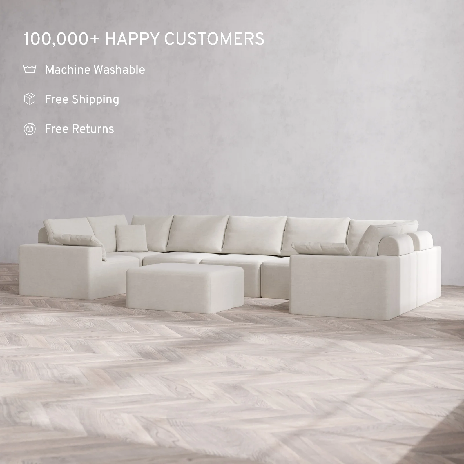 Modular Washable 7-Seater U Sectional + Chaise Ottoman Cloud + Bolster Sofa | Satin Velvet in Cashew - Image 2