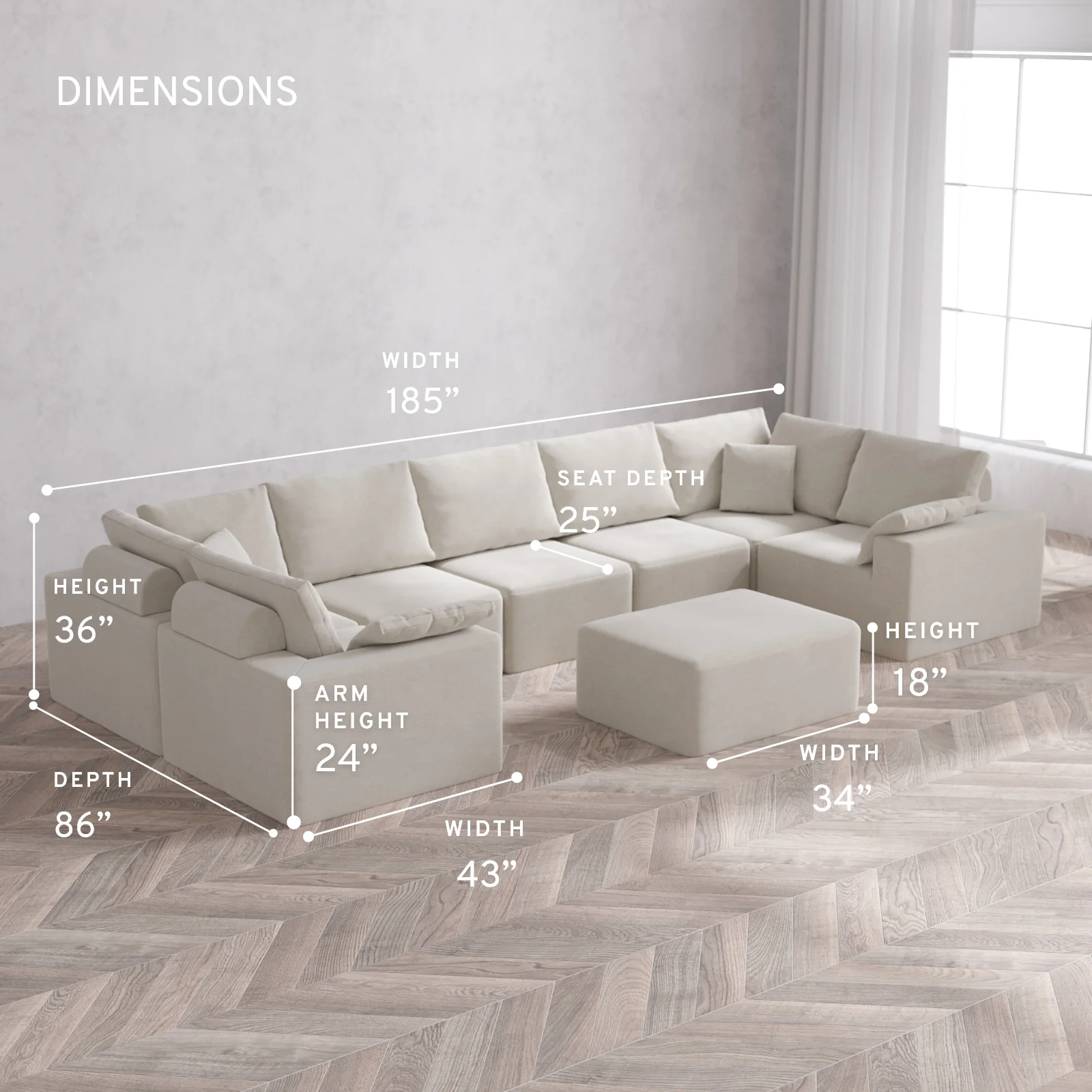 Modular Washable 7-Seater U Sectional + Chaise Ottoman Cloud + Bolster Sofa | Satin Velvet in Cashew - Image 5