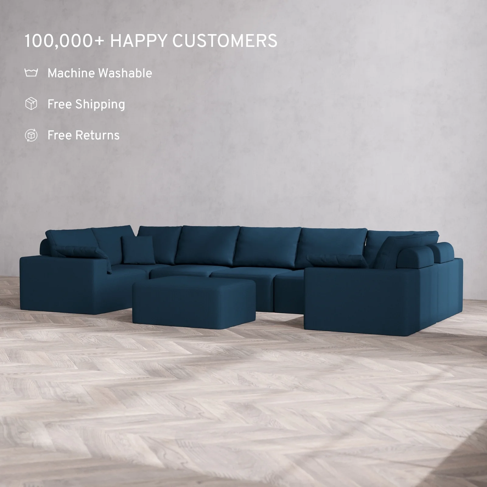 Modular Washable 7-Seater U Sectional + Chaise Ottoman Cloud + Bolster Sofa | Arden Weave in Lazuli - Image 2
