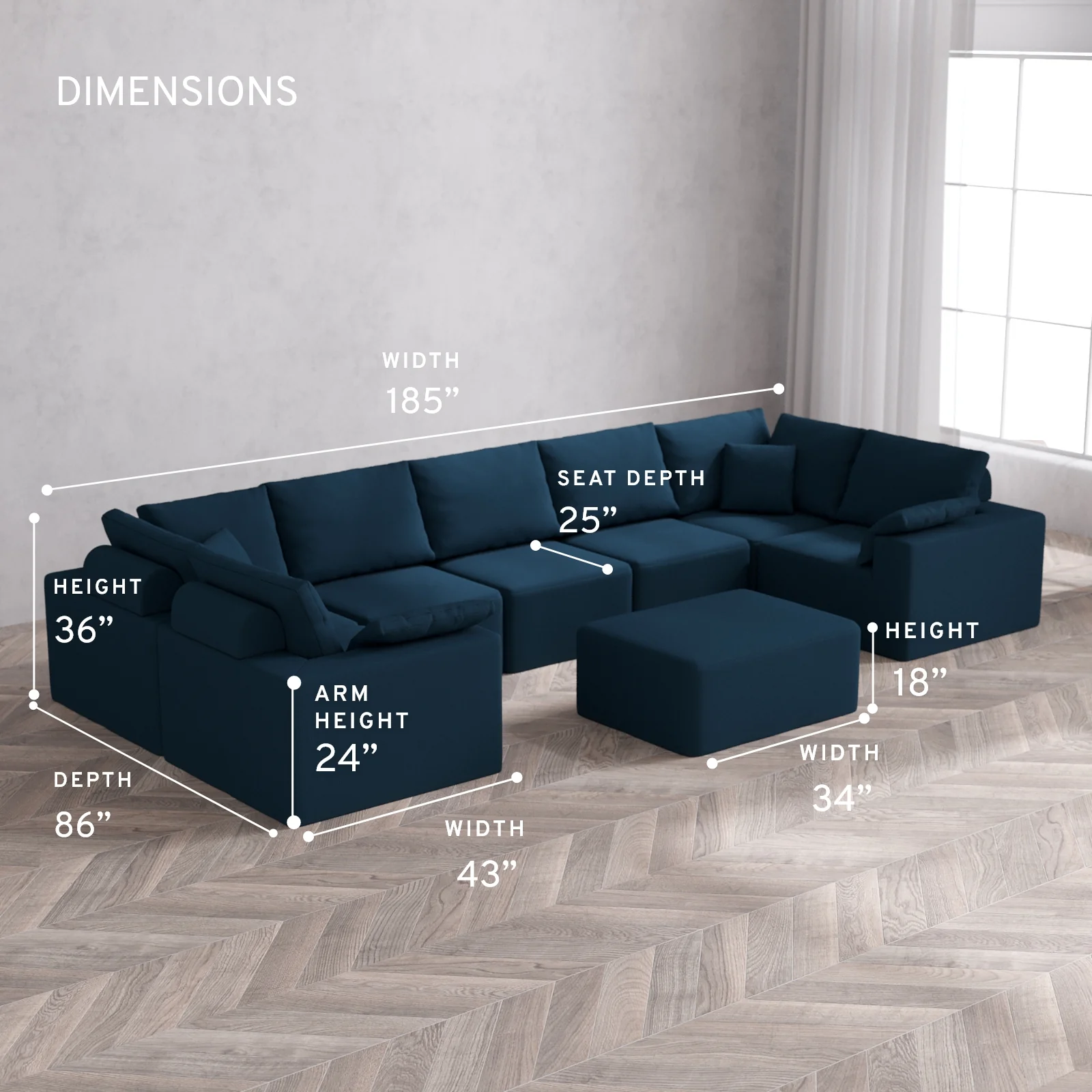 Modular Washable 7-Seater U Sectional + Chaise Ottoman Cloud + Bolster Sofa | Arden Weave in Lazuli - Image 5