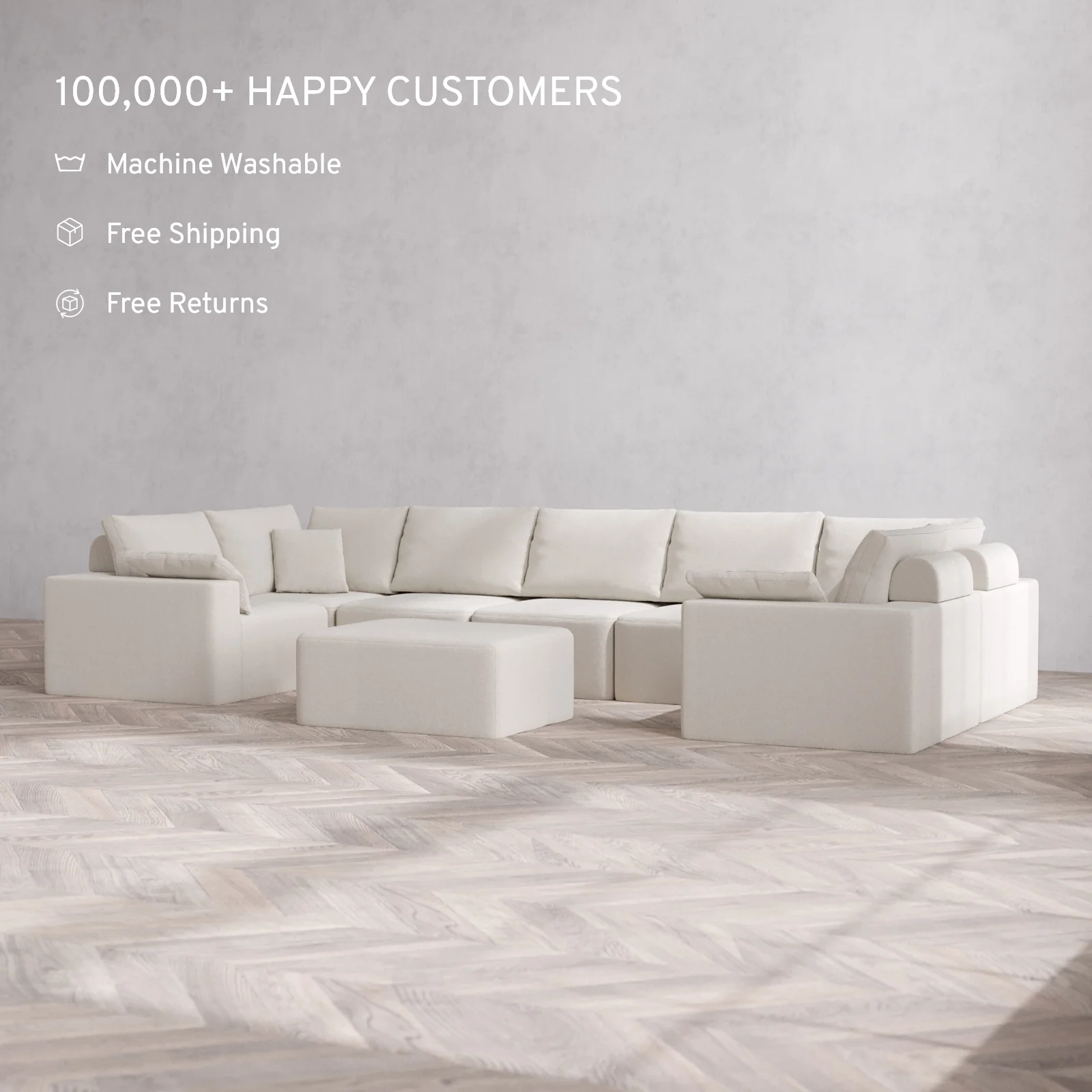 Modular Washable 7-Seater U Sectional + Chaise Ottoman Cloud + Bolster Sofa | Lux Weave in Pearl - Image 2