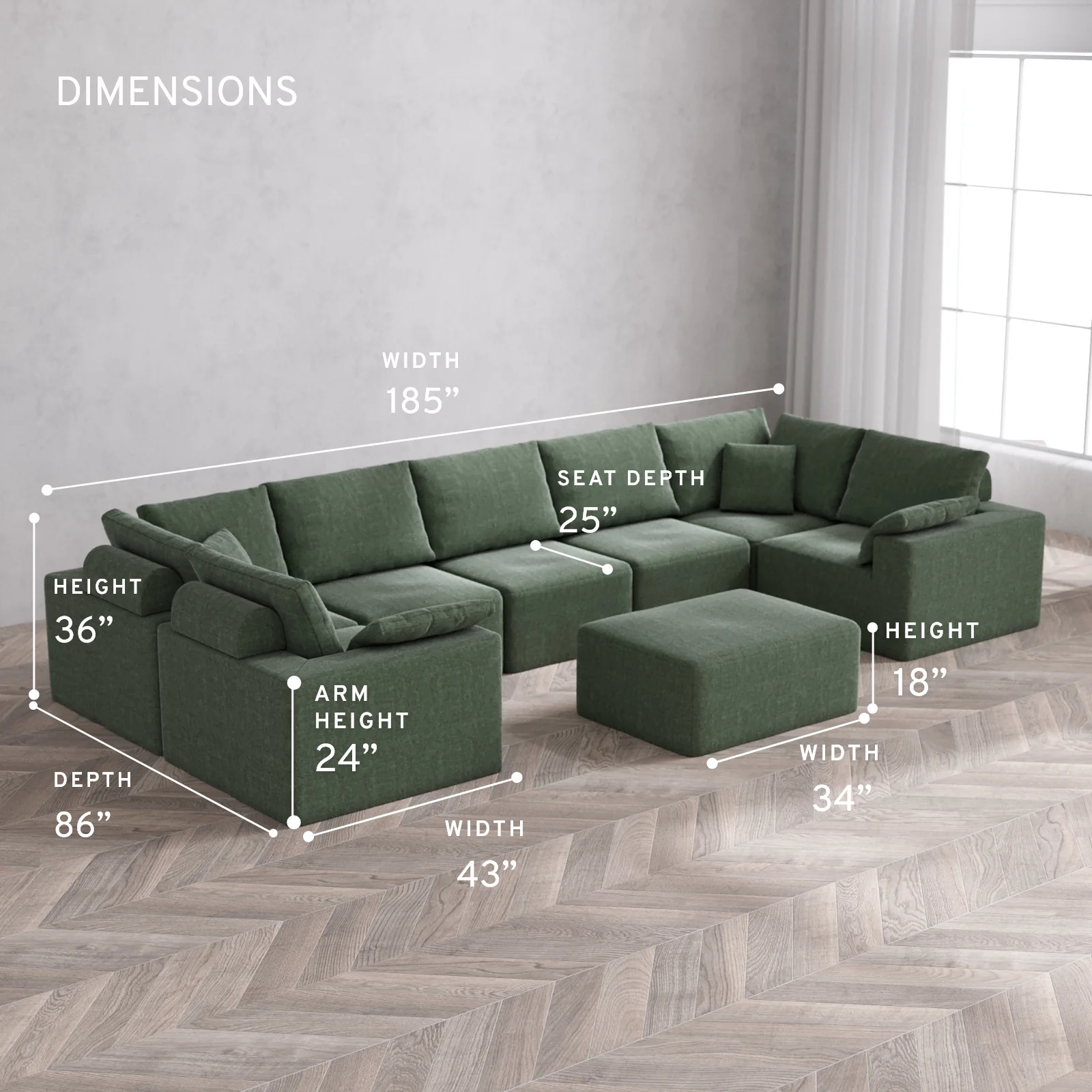 Modular Washable 7-Seater U Sectional + Chaise Ottoman Cloud + Bolster Sofa | Heirloom Velvet in Sage - Image 5