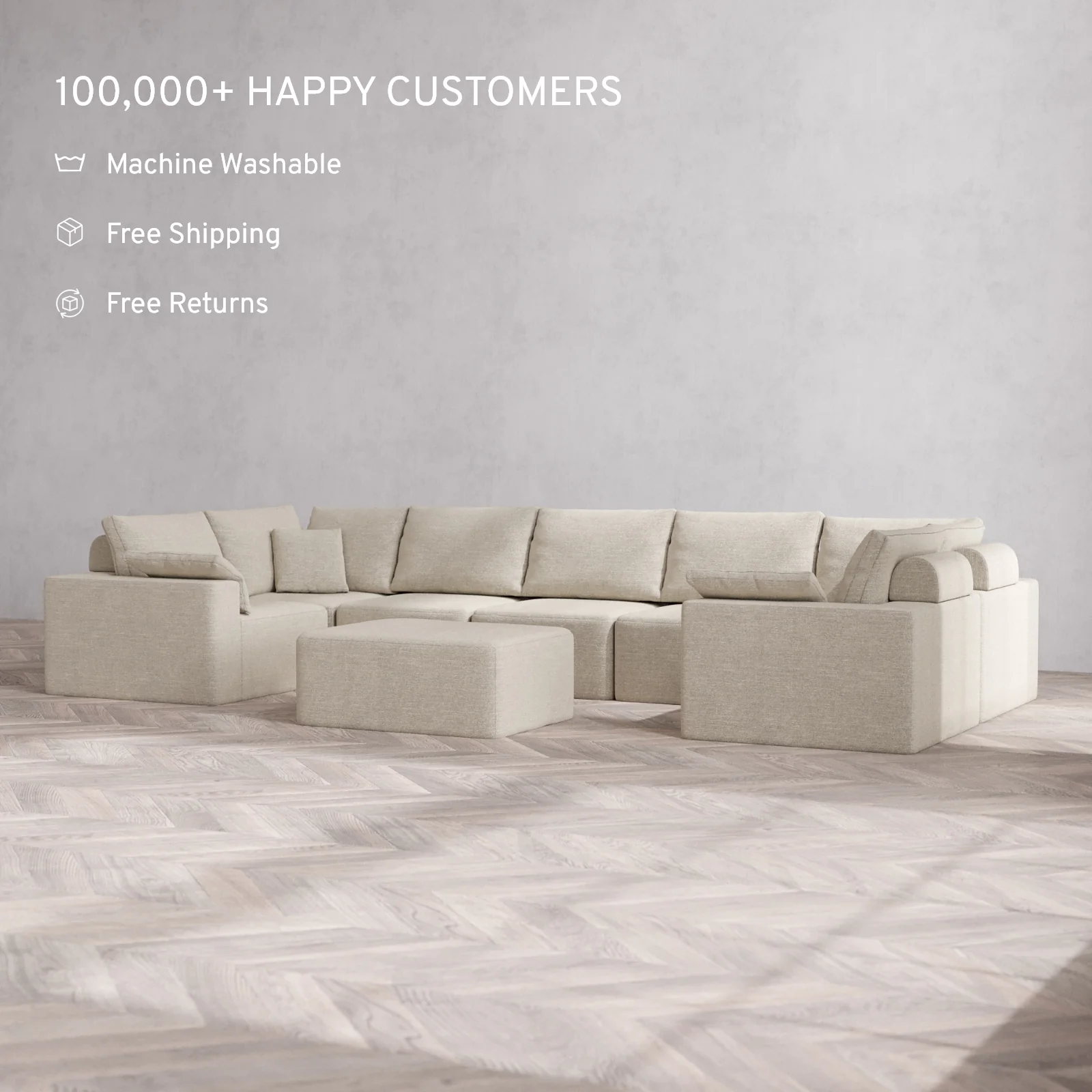 Modular Washable 7-Seater U Sectional + Chaise Ottoman Cloud + Bolster Sofa | Plush Twill in Sandstone - Image 2