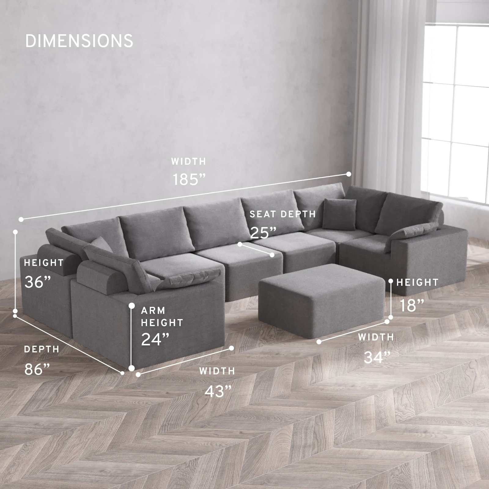 Modular Washable 7-Seater U Sectional + Chaise Ottoman Cloud + Bolster Sofa | Lux Weave in Slate - Image 5