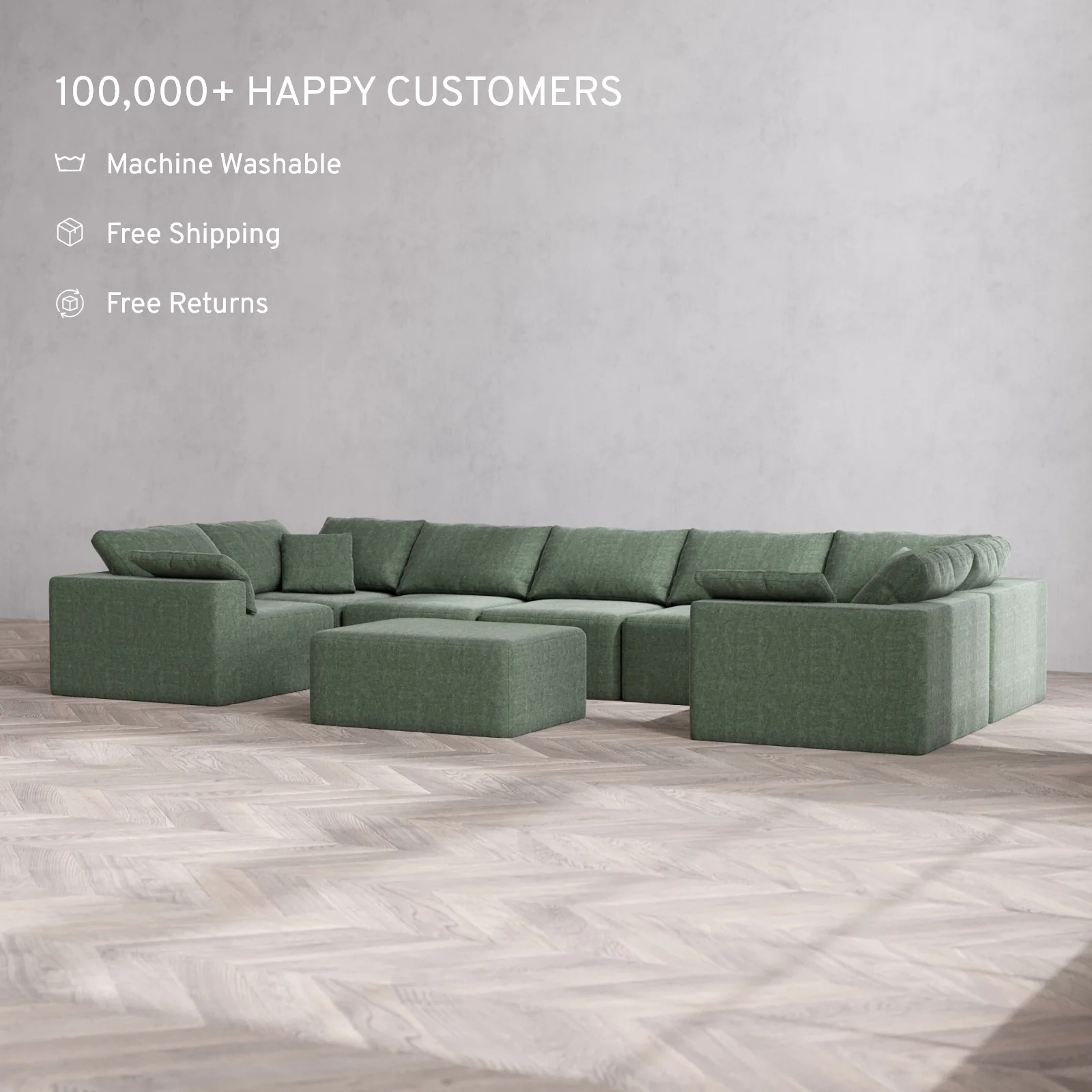 Modular Washable 7-Seater U Sectional + Chaise Ottoman Cloud Sofa | Heirloom Velvet in Sage - Image 2